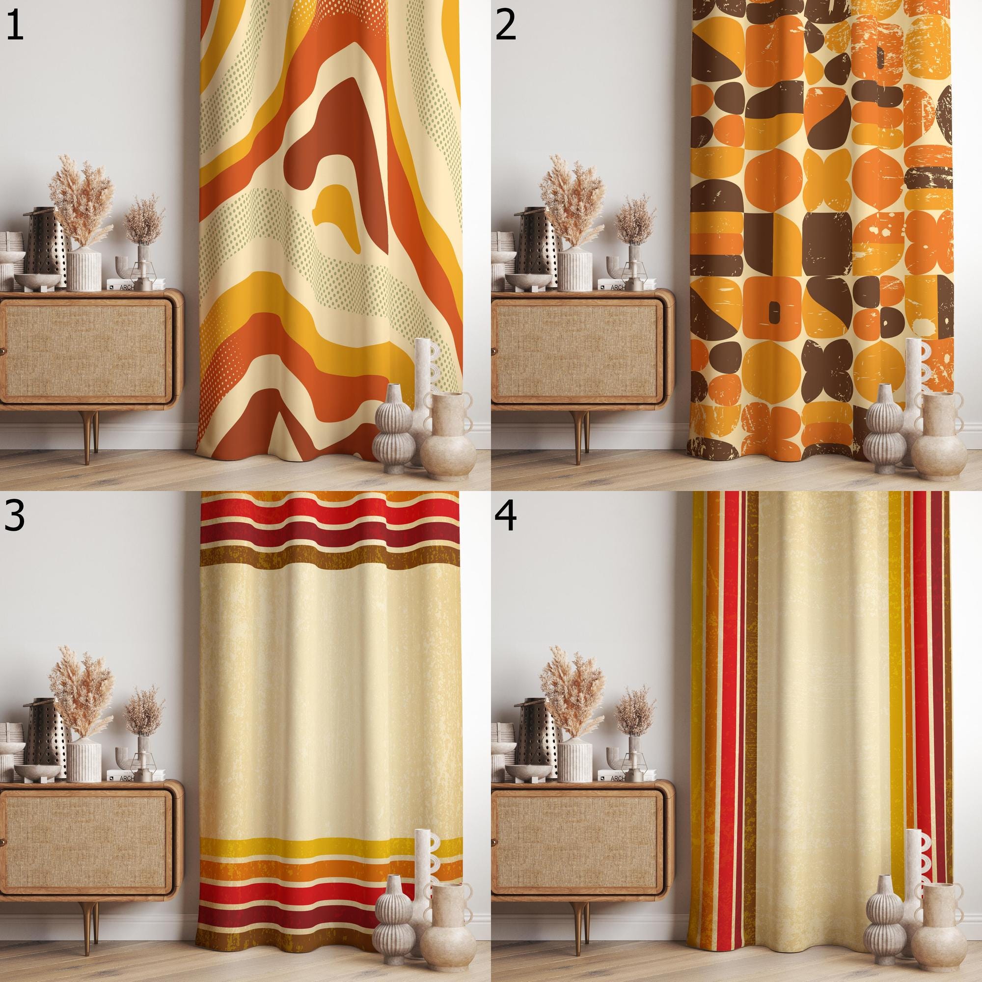 70s Retro Orange Window Curtain, Retro Curtains, Mid Century Modern Curtain Panels, MCM Retro Style Living Room Curtain, 80s Curtain Panels