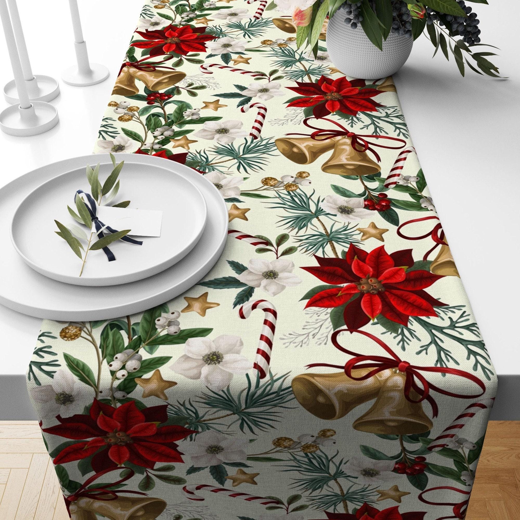 Christmas Poinsettia Table Runner, Holly Table Runner, Xmass Table Runner,Christmas Table Decor, ChristmasGift, Christmas Party Table
