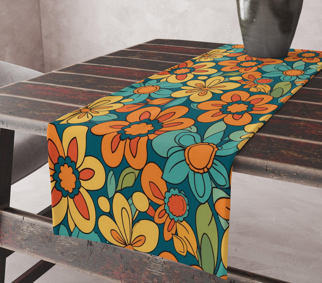 70s Flowers Table Runners, Retro Mid Century Modern Floral Table Runner, Retro Party Table Decor, Retro Floral Table Runner