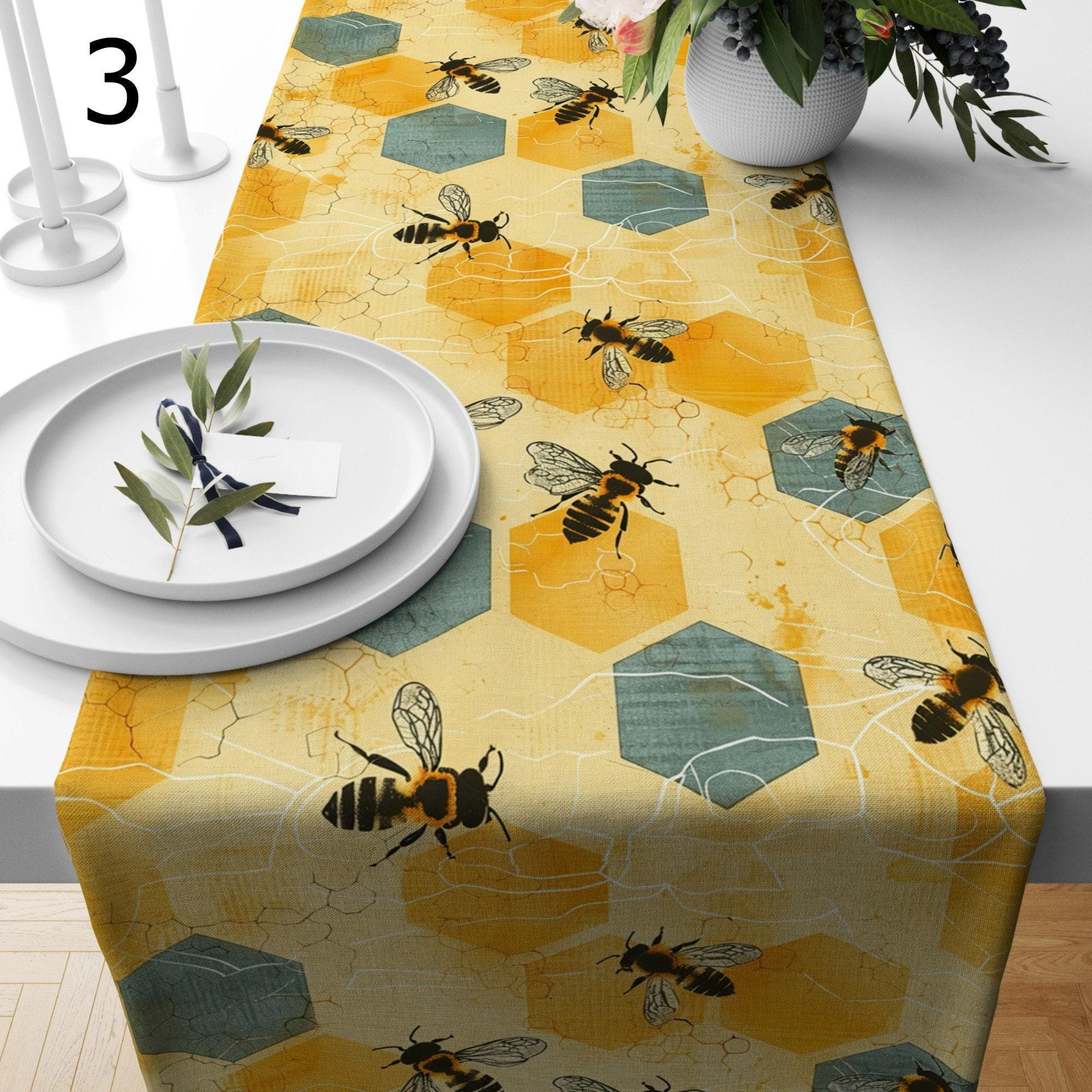 Bee Table Runner, Honey Bees Hives Table Runner, Country Farmhouse Kitchen Table Decor, Bee Yellow Table Runners