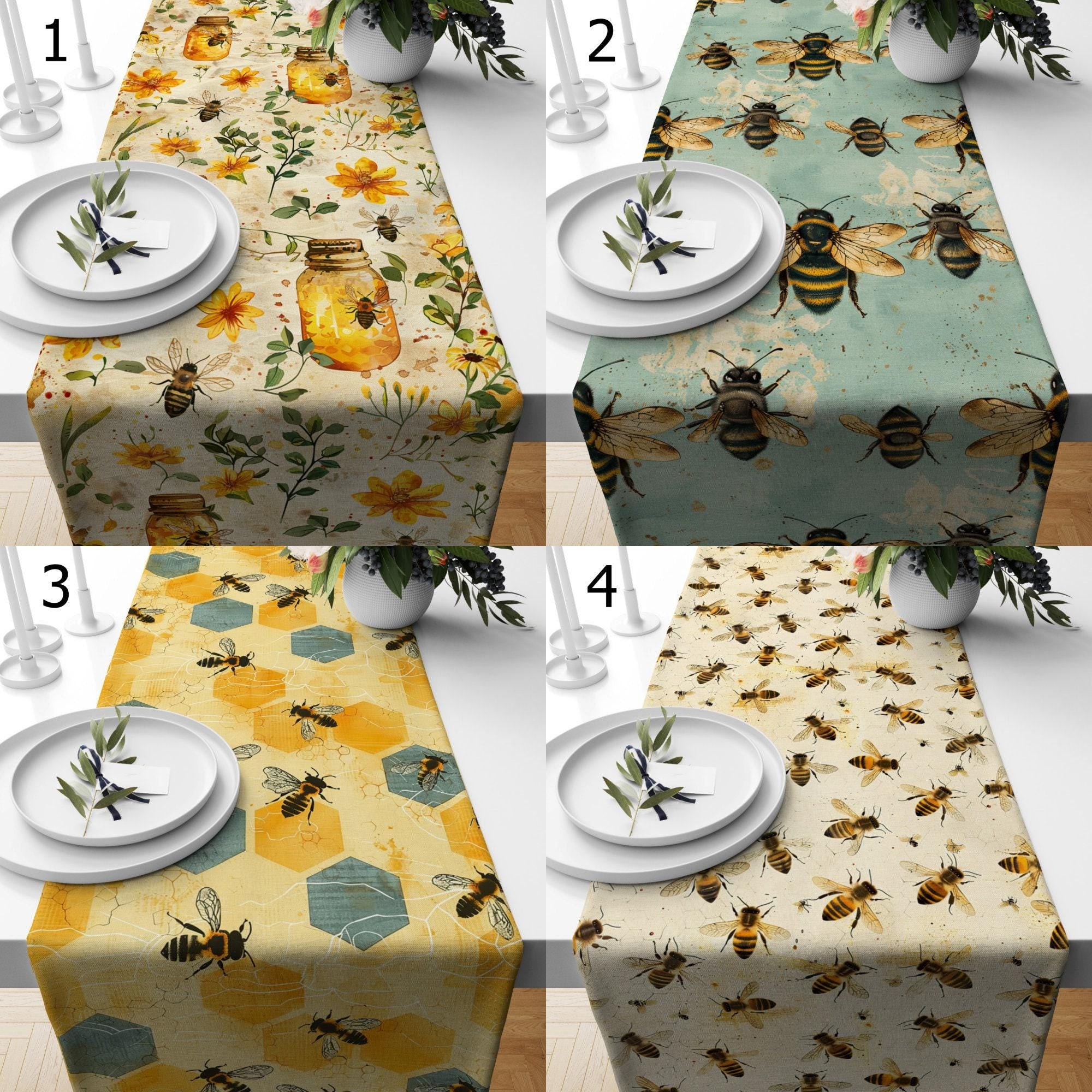 Bee Table Runner, Honey Bees Hives Table Runner, Country Farmhouse Kitchen Table Decor, Bee Yellow Table Runners