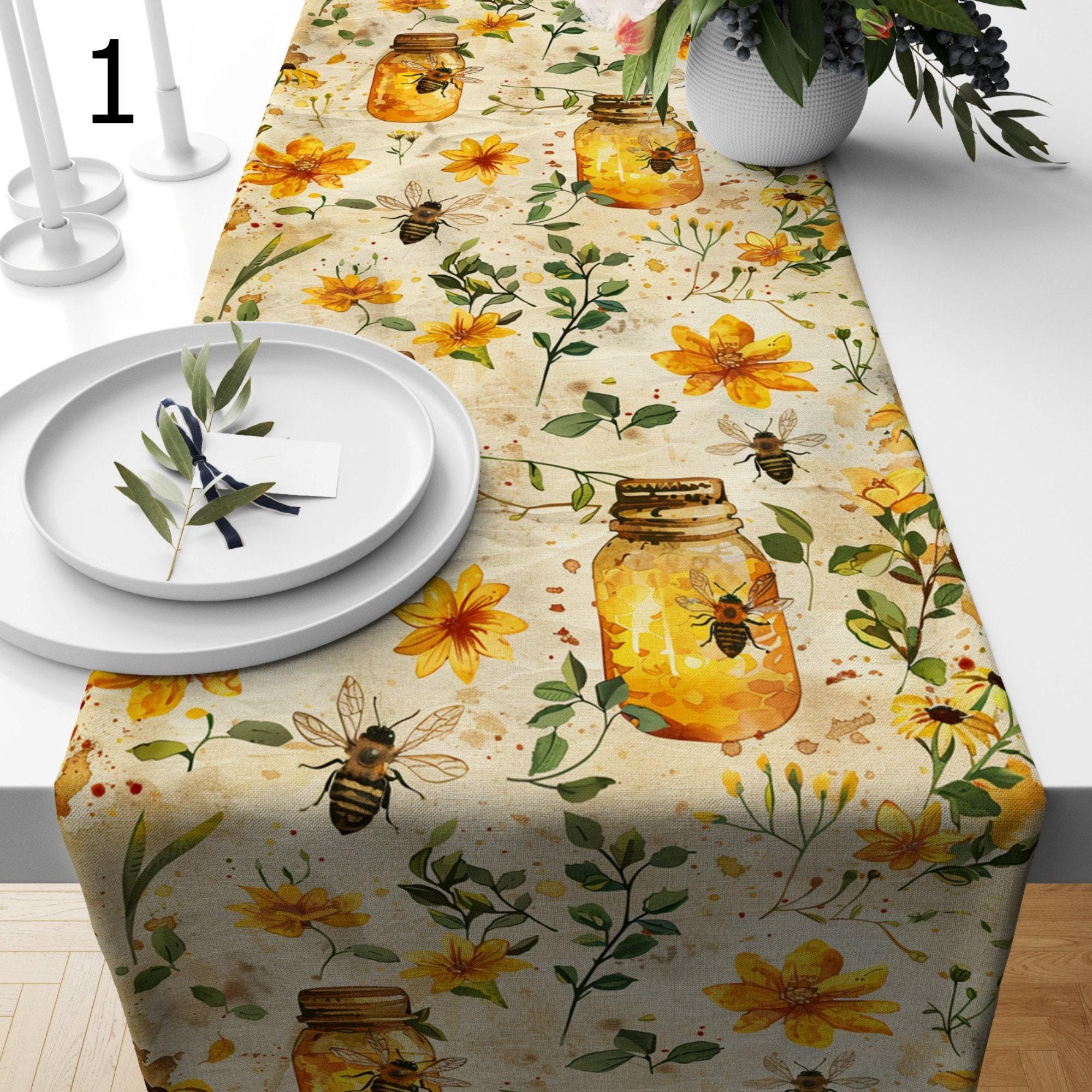 Bee Table Runner, Honey Bees Hives Table Runner, Country Farmhouse Kitchen Table Decor, Bee Yellow Table Runners