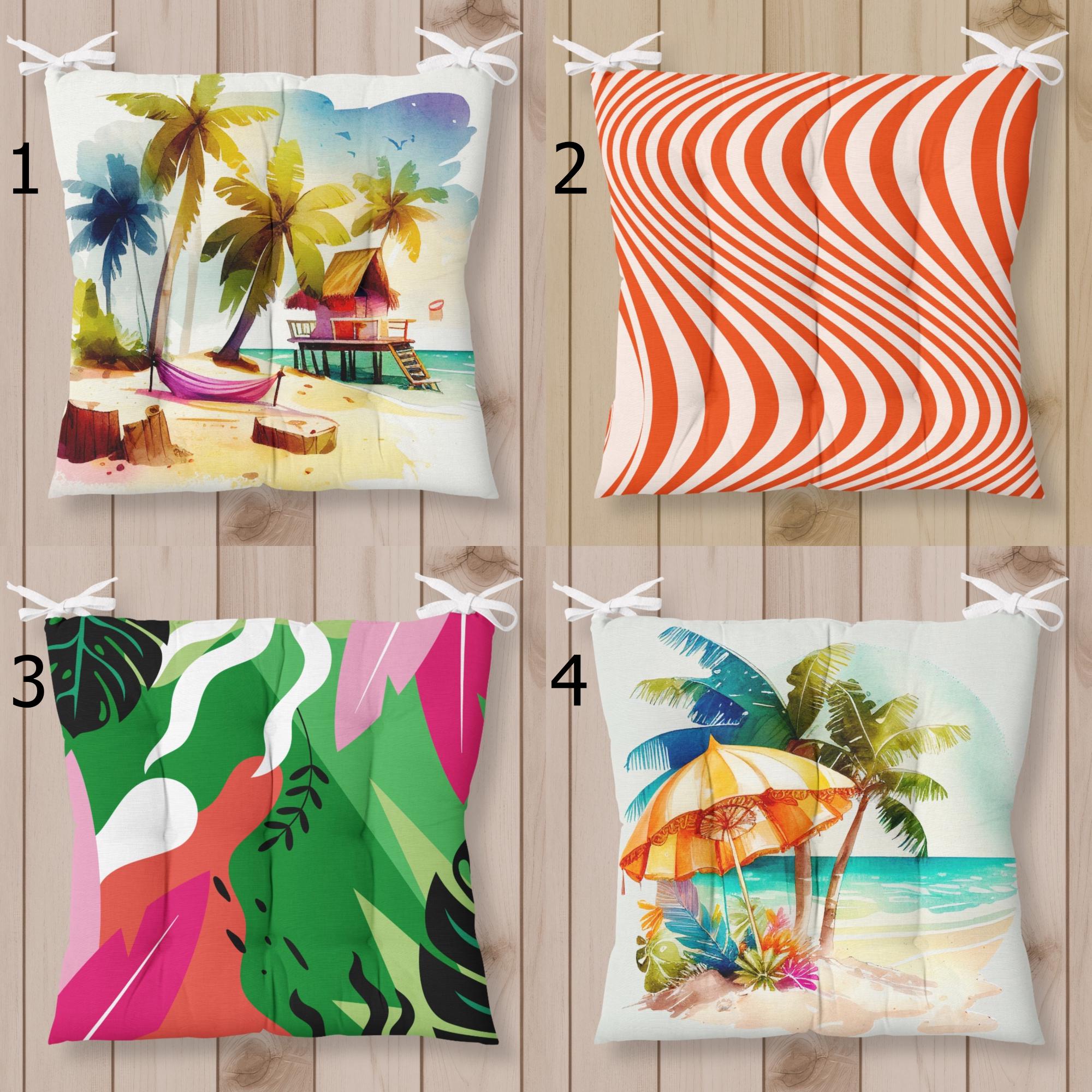 Summer Chair Cushions, Tropical Palm Square Chair Pad, Chair Cushion with Ties, Kitchen Seat Pad, Chair Pads with Ties, Patio Chair Cushions