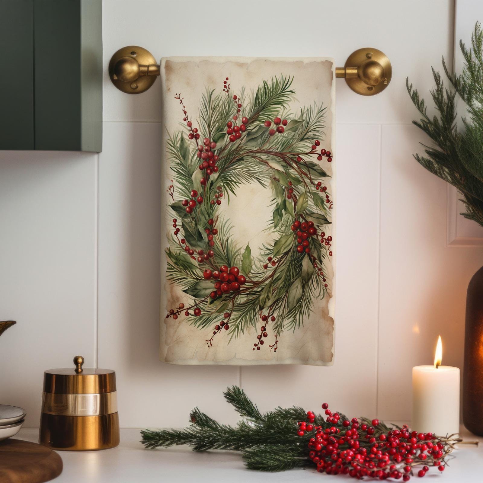 Christmas Tea Towel, Xmas Berry Dish Towels, Christmas Red Berry Dish Towel, Xmas New Year Tea Towel, Xmas Kitchen Decor Towels