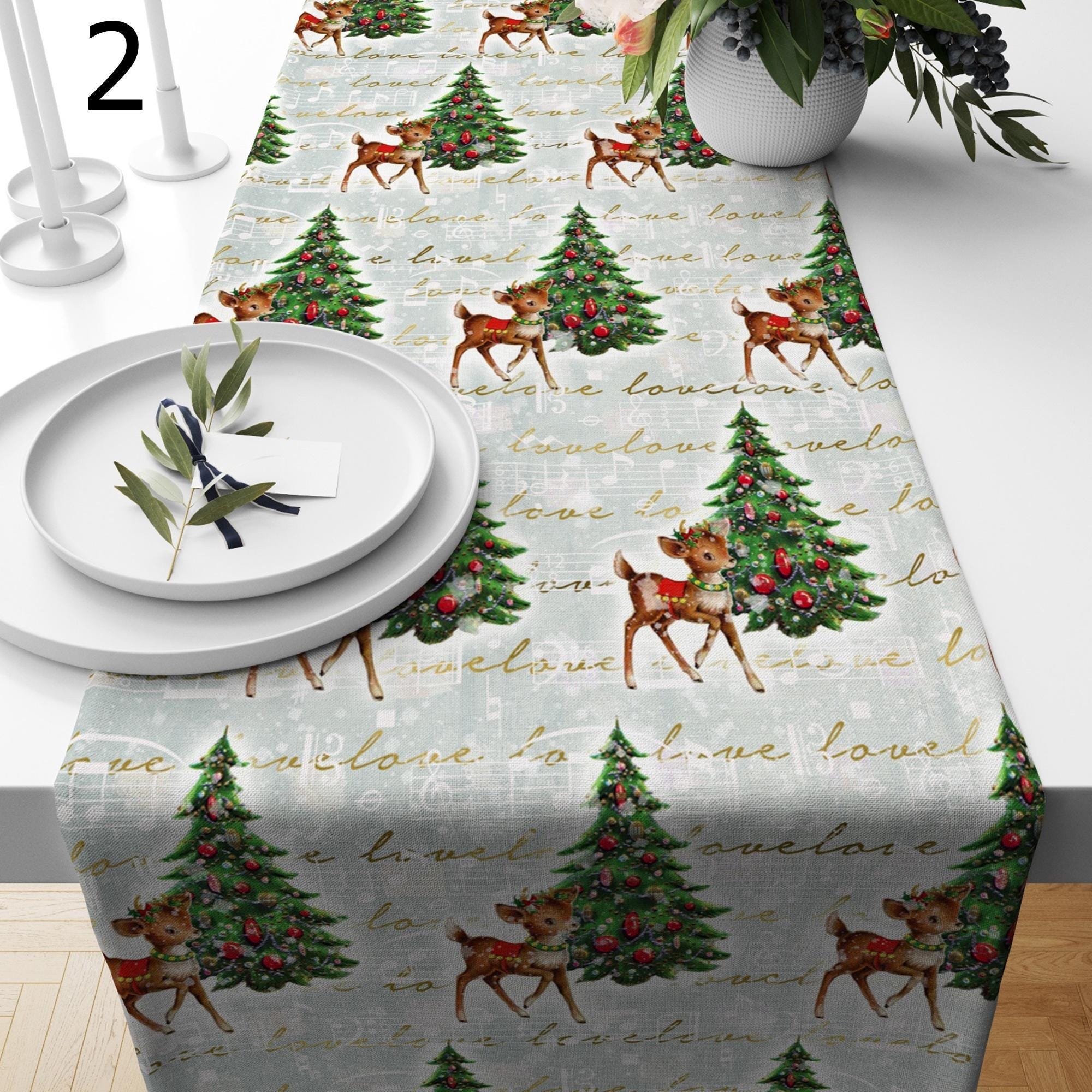 Christmas Tree Table Runner, Merry Christmas Pine Trees Table Runenrs,  Xmas Holiday Pine Tree Table Runner, Christmas Joy Table Runners