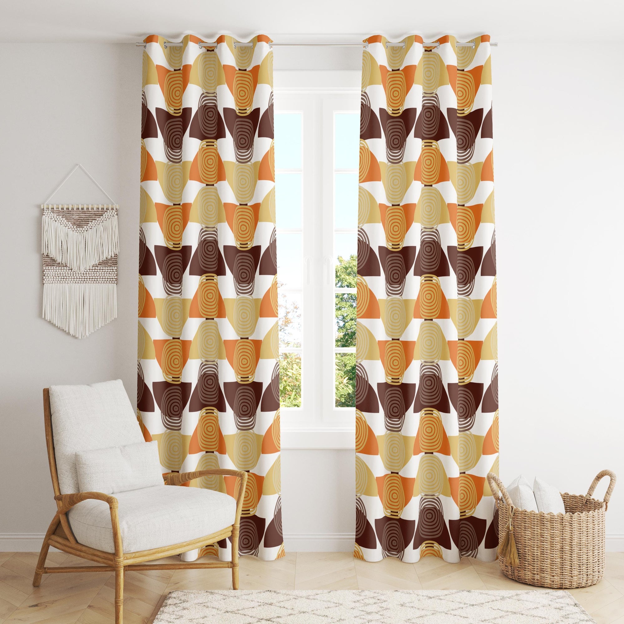 Retro Geometric Curtain, Mid Century Modern Panel, Bold Orange Brown Drapes, Vintage Pattern Window Panels, Mcm Panel Curtains