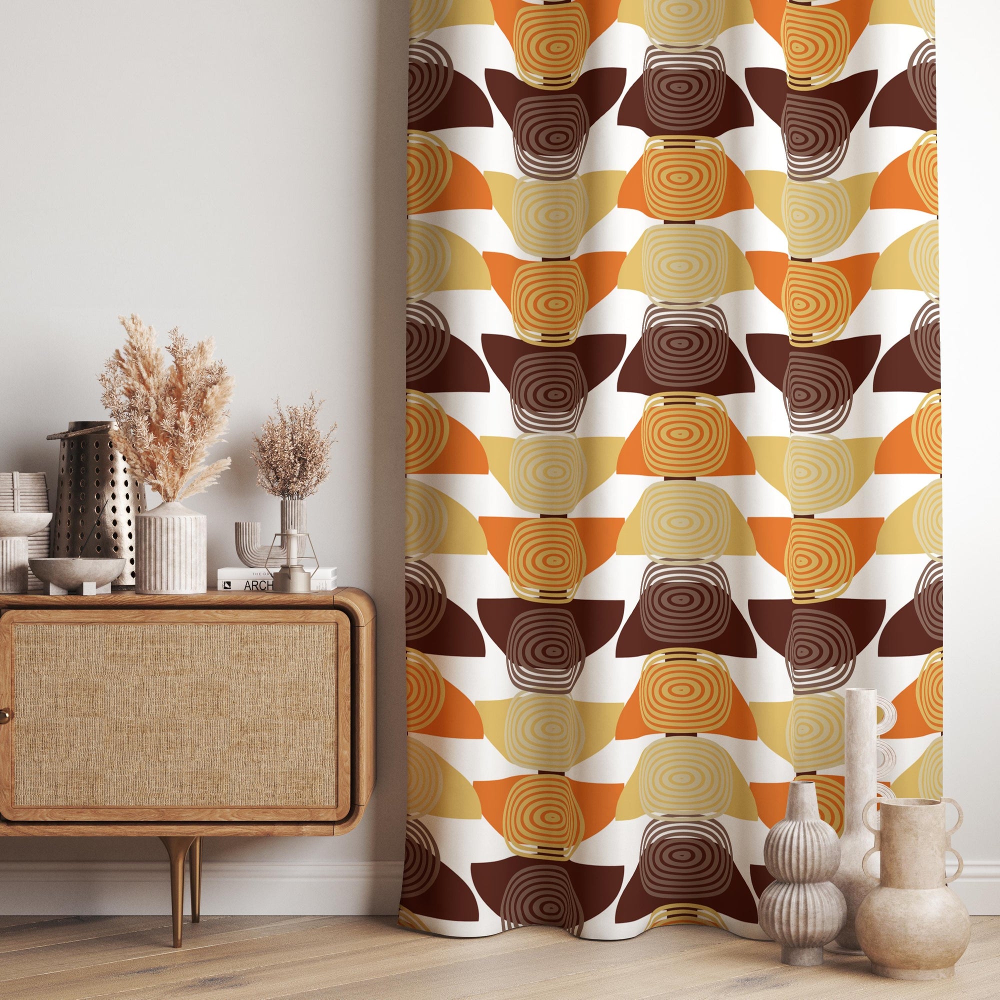 Retro Geometric Curtain, Mid Century Modern Panel, Bold Orange Brown Drapes, Vintage Pattern Window Panels, Mcm Panel Curtains