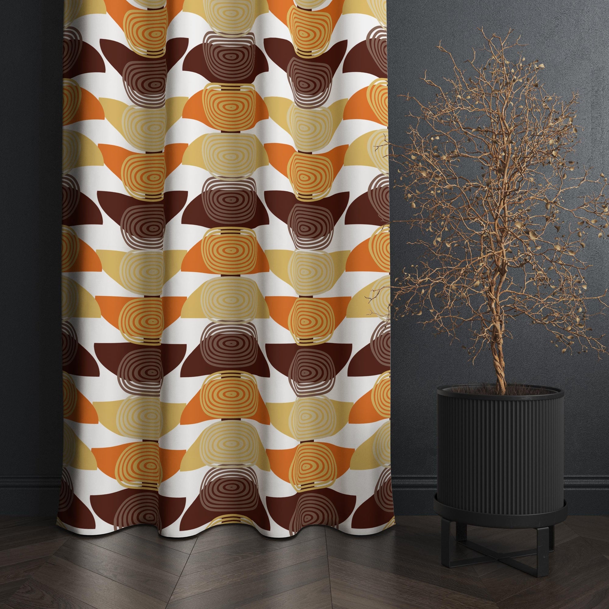 Retro Geometric Curtain, Mid Century Modern Panel, Bold Orange Brown Drapes, Vintage Pattern Window Panels, Mcm Panel Curtains