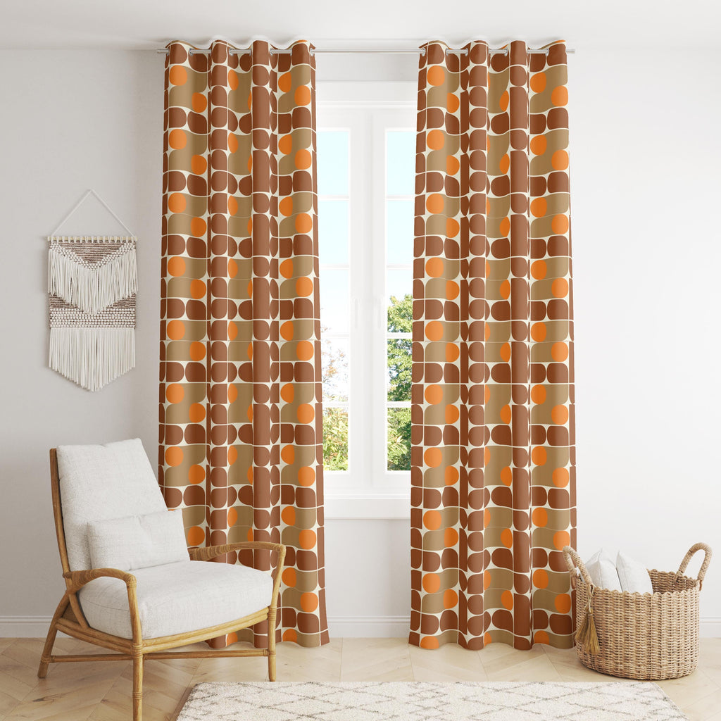70s Orange Brown Window Curtain, Retro Bauhaus Curtains, Mid Century Style Panels, MCM Geometric Living Room Curtain, Bauhaus Curtains