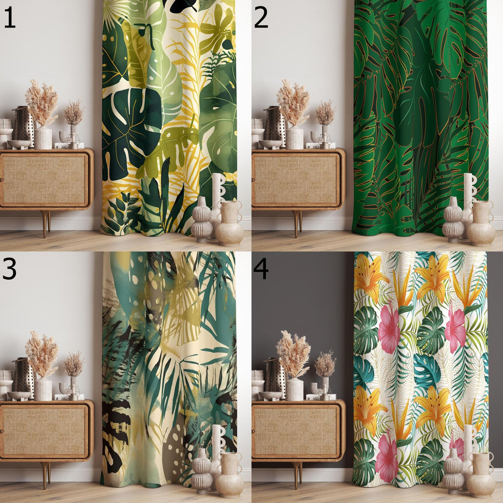 Botanical Green Leaf Window Curtains, Green Leaves Curtains, Tropical Printed Curtain, Tropical Leaf Curtain Panel, Exotic Barkcloth Curtain