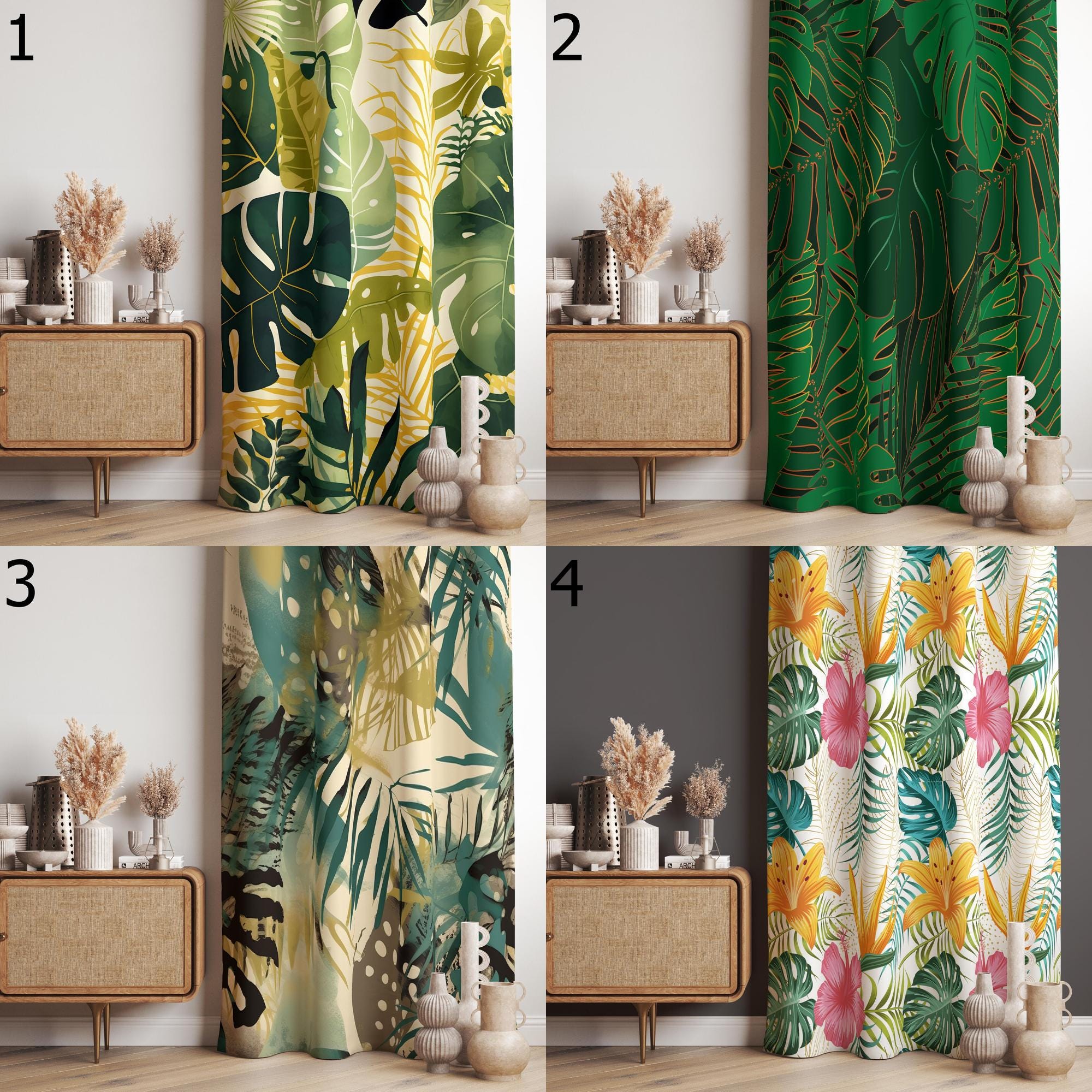 Botanical Green Leaf Window Curtains, Green Leaves Curtains, Tropical Printed Curtain, Tropical Leaf Curtain Panel, Exotic Barkcloth Curtain