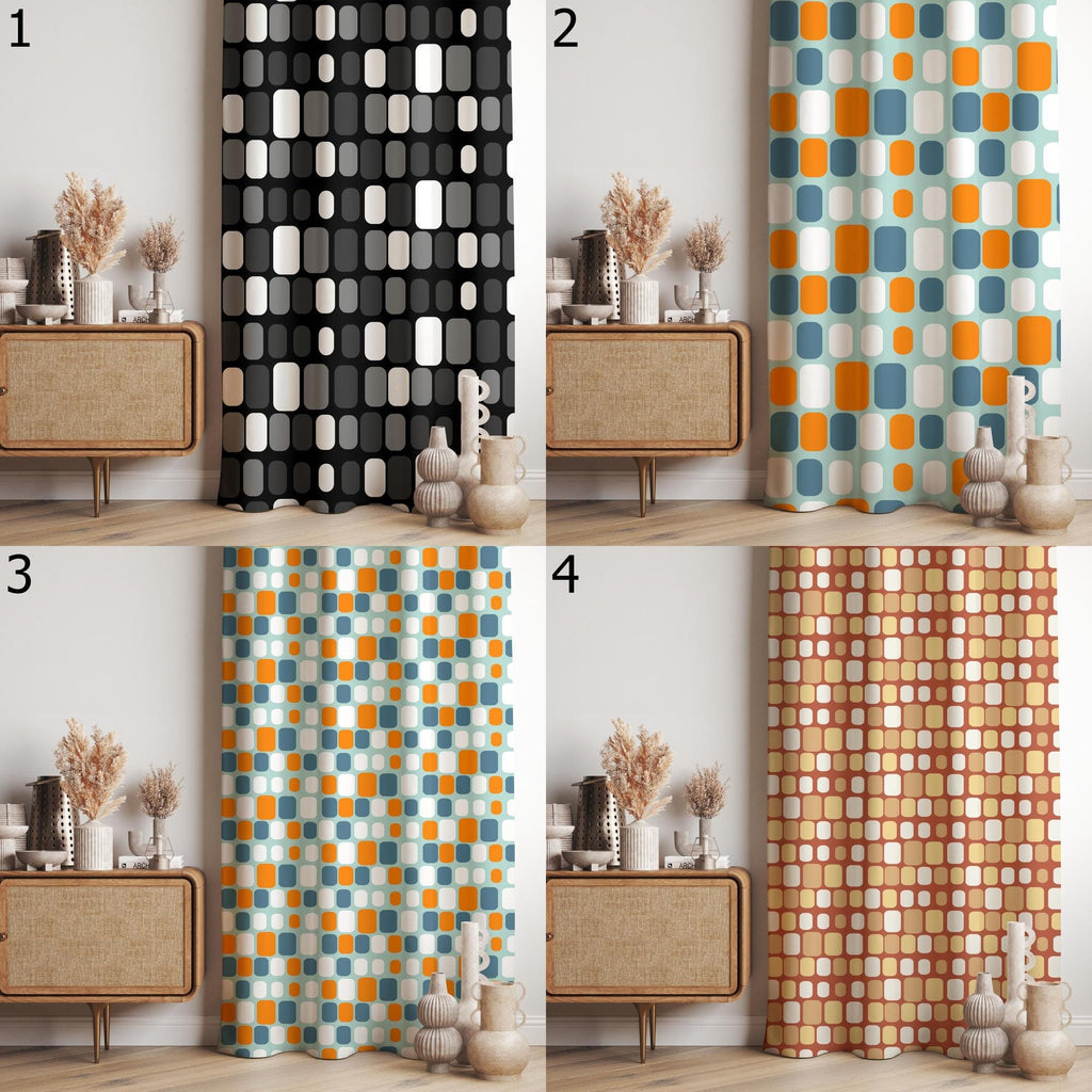 Retro Black Curtain Panel, Retro Bauhaus Panel Curtains, Mid Century Print Drapes, Grey Black 70s Geometric Curtains, 80s Geometric Curtains