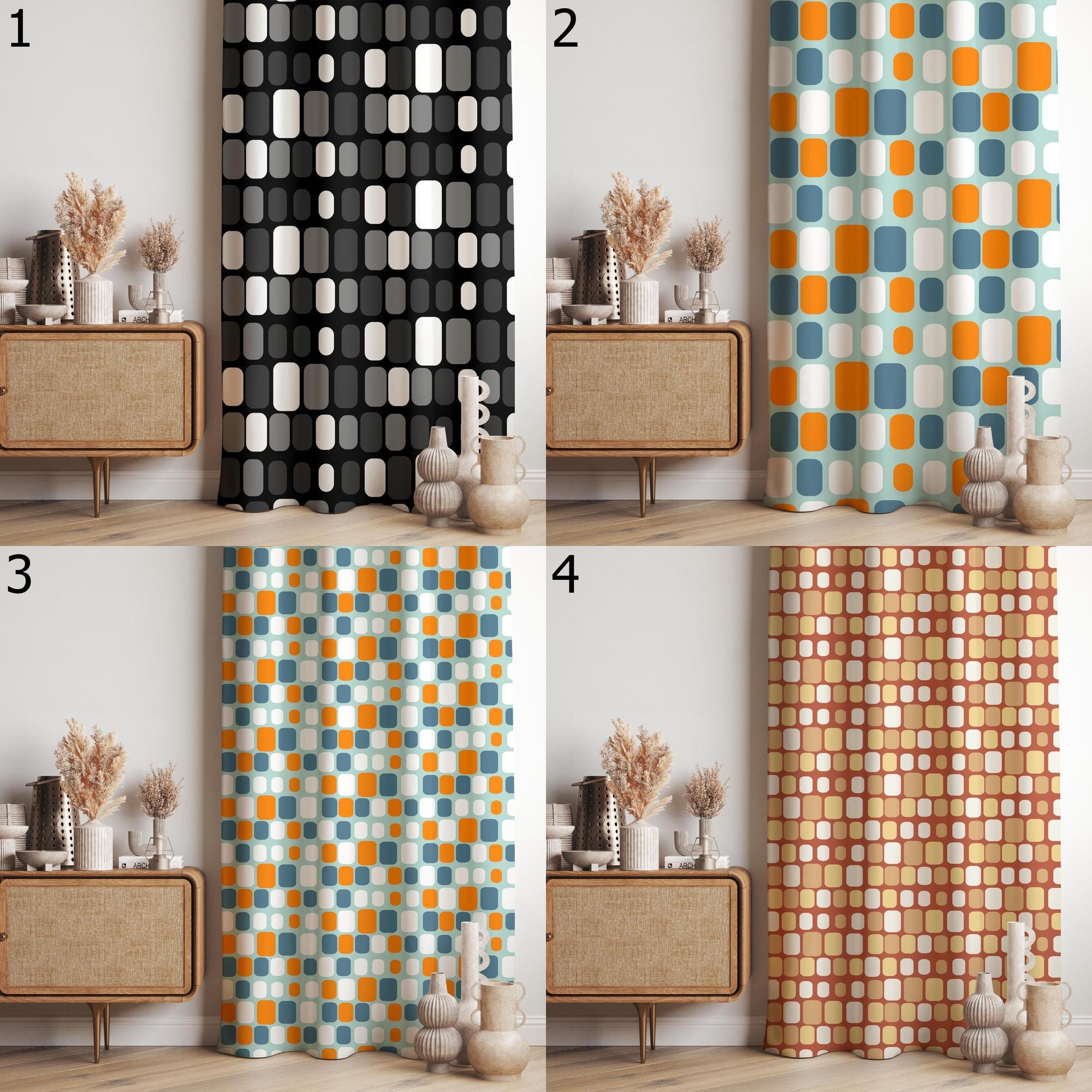 Retro Black Curtain Panel, Retro Bauhaus Panel Curtains, Mid Century Print Drapes, Grey Black 70s Geometric Curtains, 80s Geometric Curtains