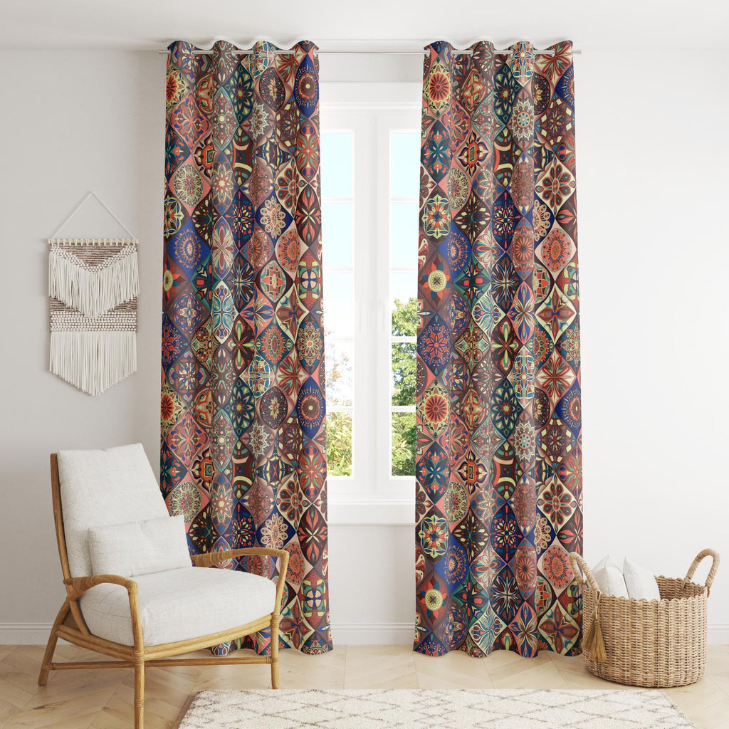 Boho Mosaic Curtain Panel, Colorful Ethnic Drapes, Moroccan Tile Inspired Window Curtains, Tribal Pattern Fabric Panels