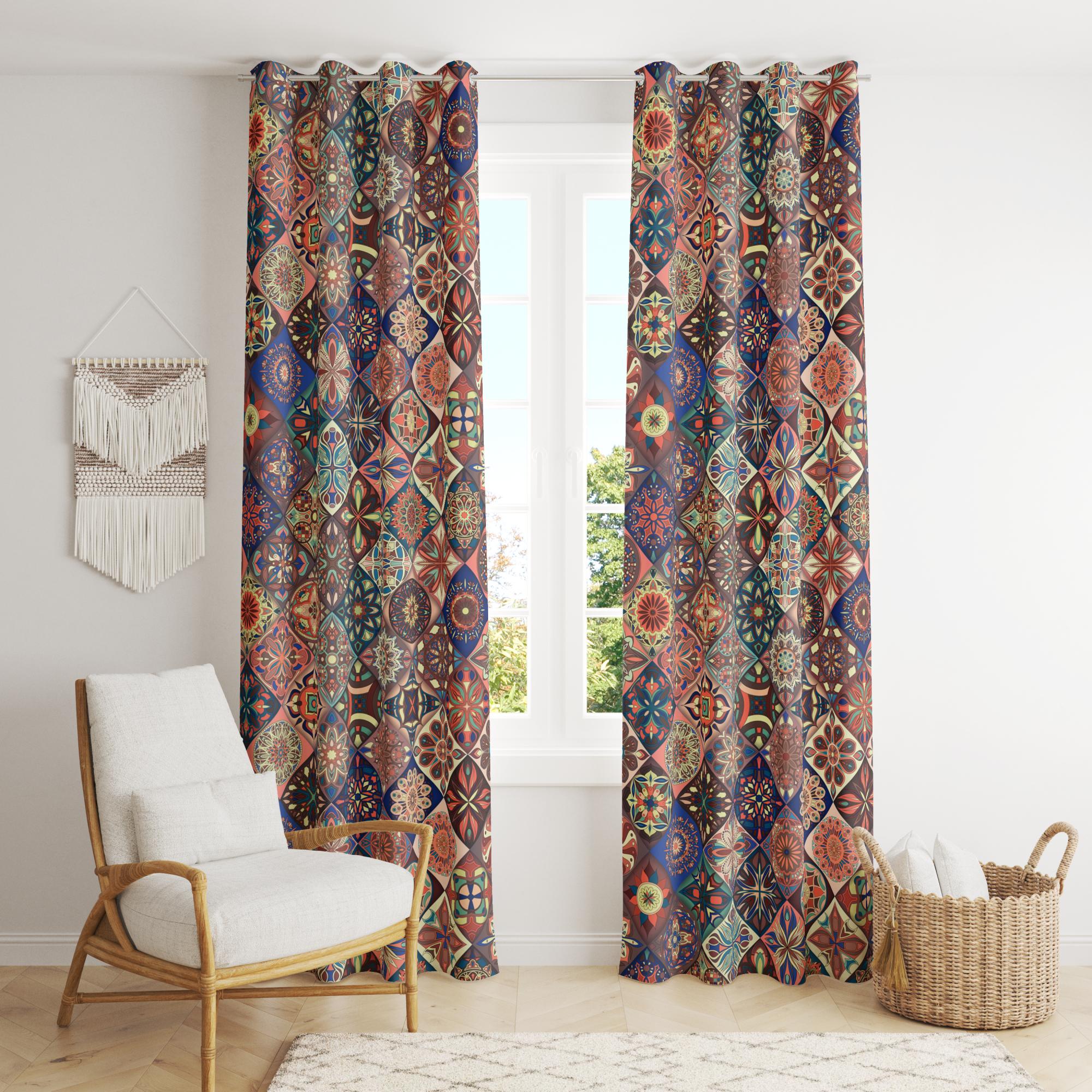 Boho Mosaic Curtain Panel, Colorful Ethnic Drapes, Moroccan Tile Inspired Window Curtains, Tribal Pattern Fabric Panels
