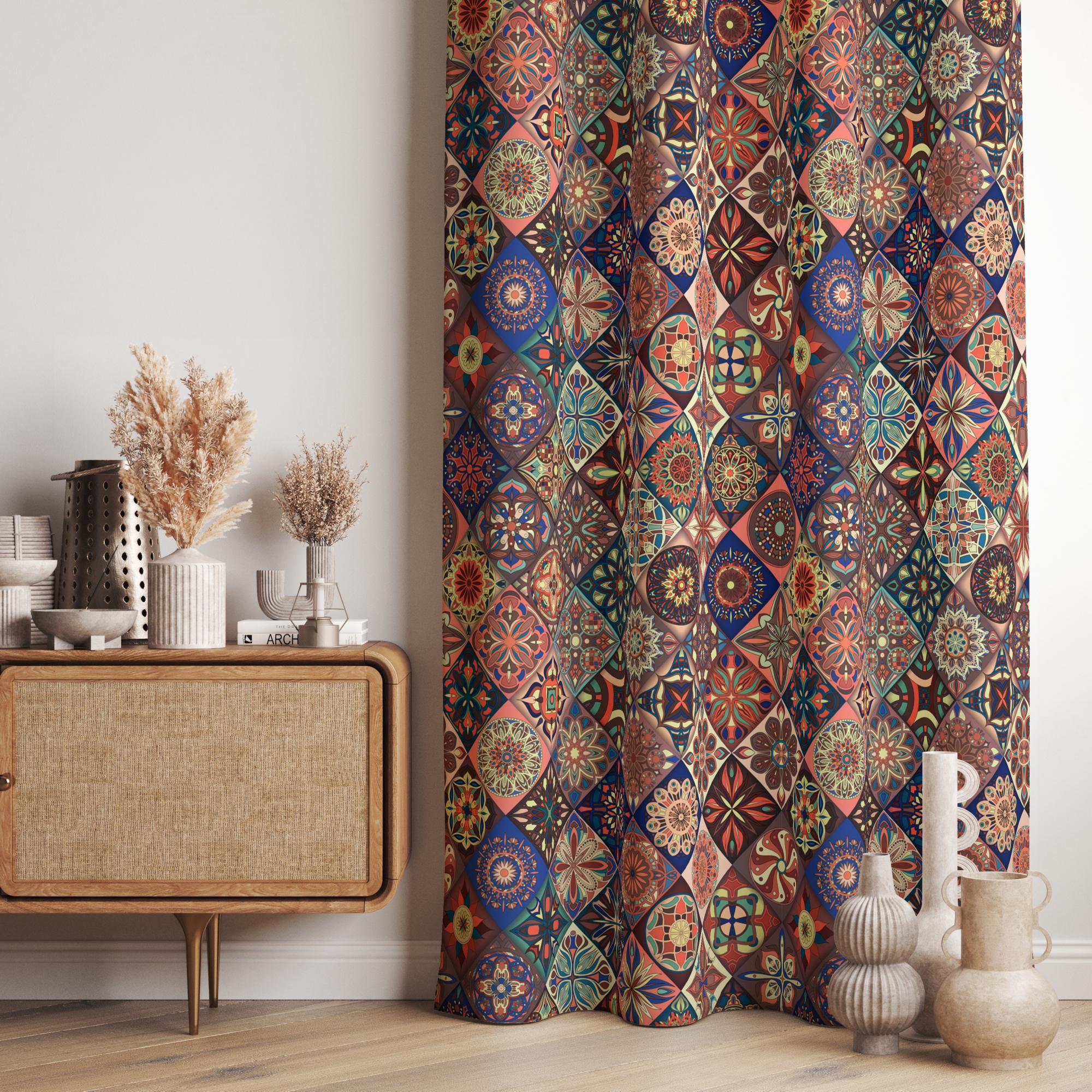 Boho Mosaic Curtain Panel, Colorful Ethnic Drapes, Moroccan Tile Inspired Window Curtains, Tribal Pattern Fabric Panels