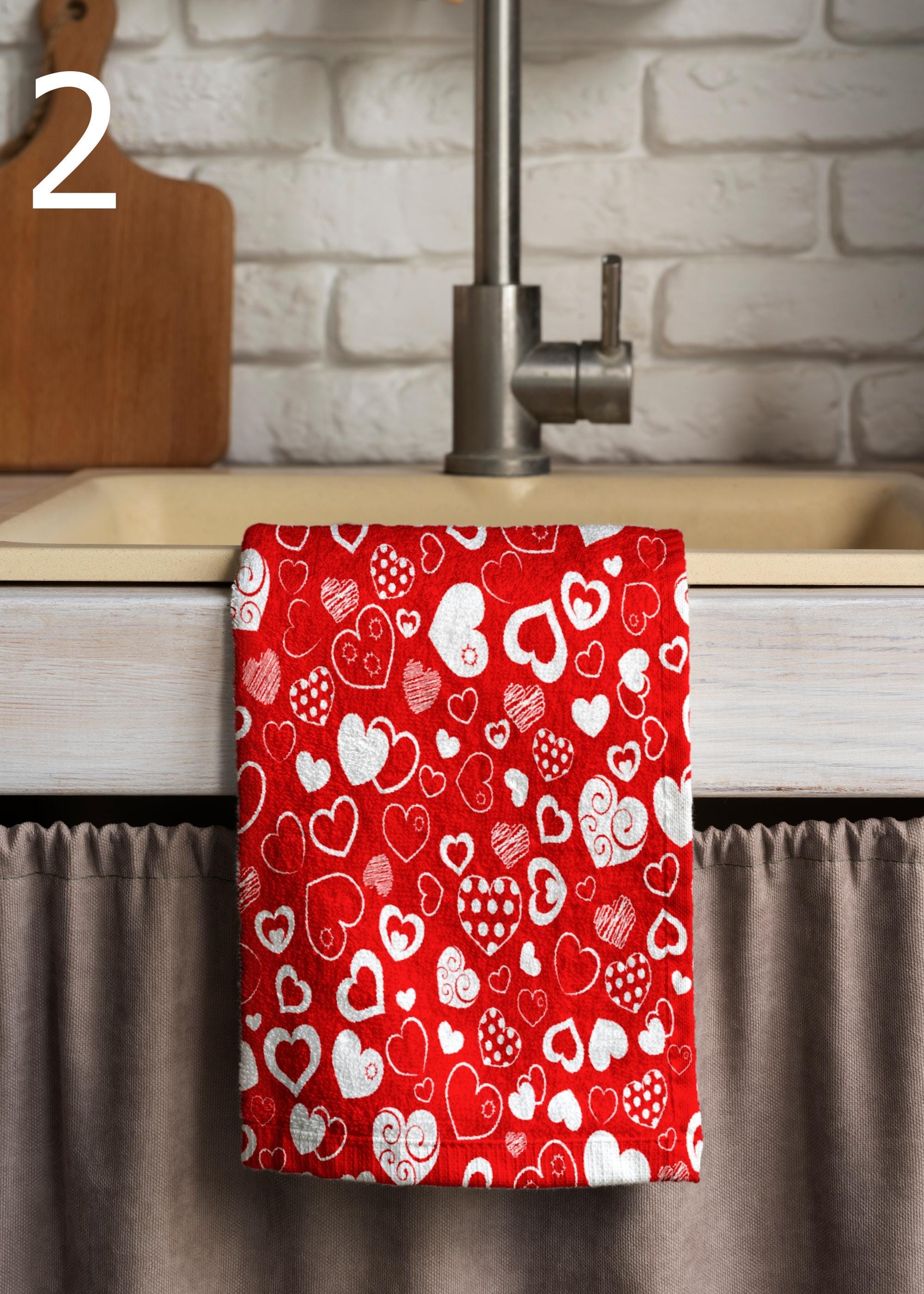 Love Kitchen Towels, Valentine's Day Tea Towels, Hearts Dish Towel, Romantic Hand Towel, Valentine's Days Pink Kitchen Towel