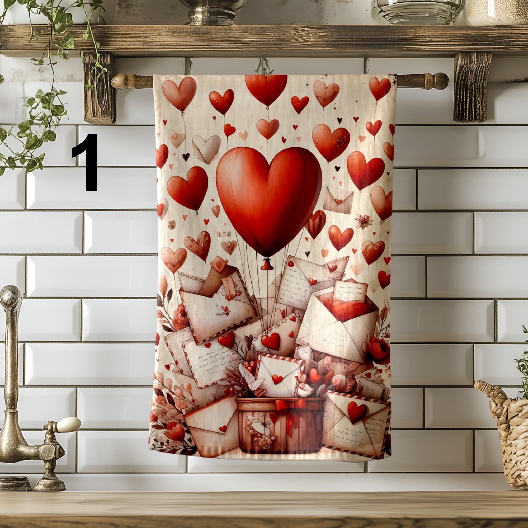 Valentine's Day Tea Towels, Love Themed Dish Towels, Red Hearts Kitchen Towel, Valentine's Day Gifts Tea Towel, Romantic Kitchen Decor