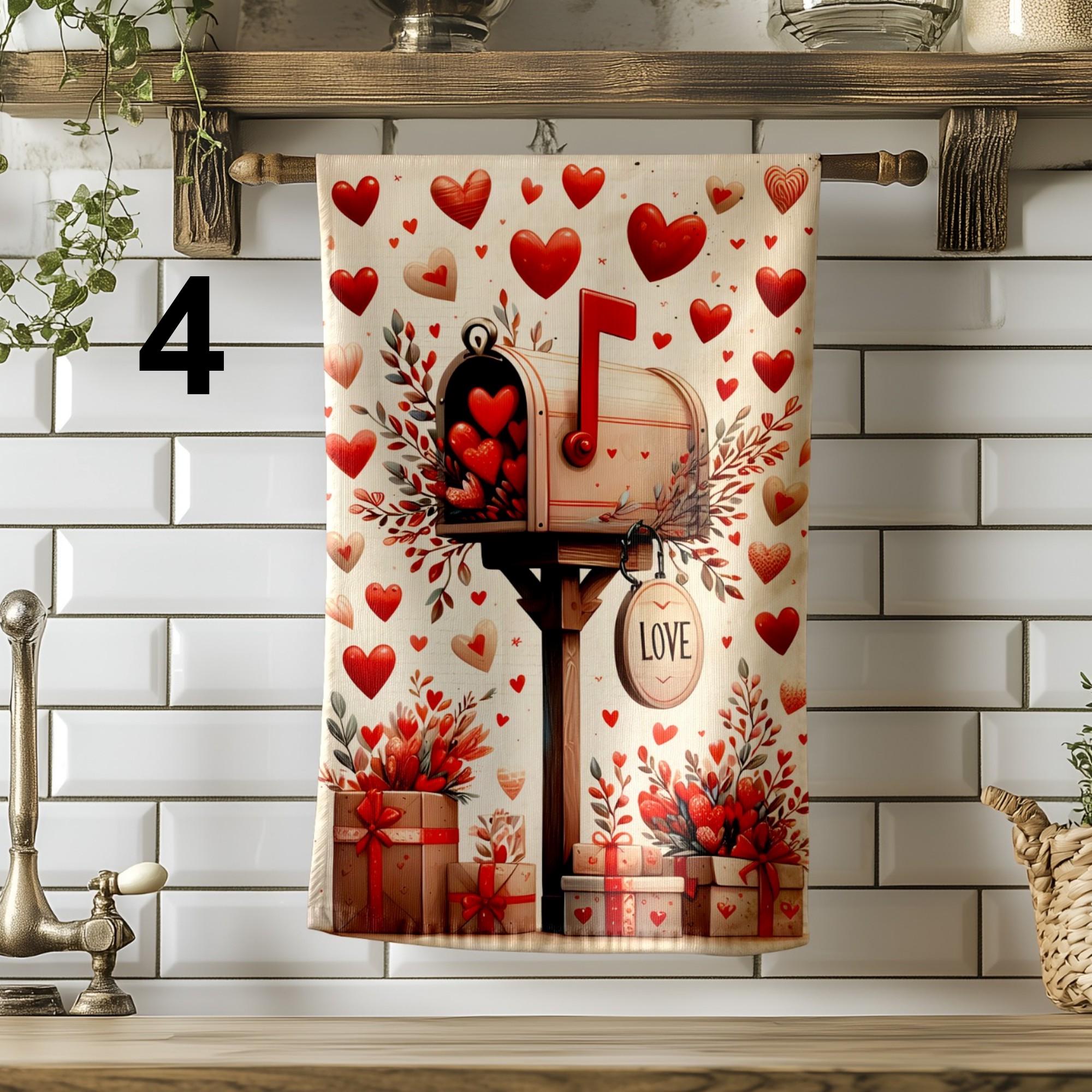 Valentine's Day Tea Towels, Love Themed Dish Towels, Red Hearts Kitchen Towel, Valentine's Day Gifts Tea Towel, Romantic Kitchen Decor