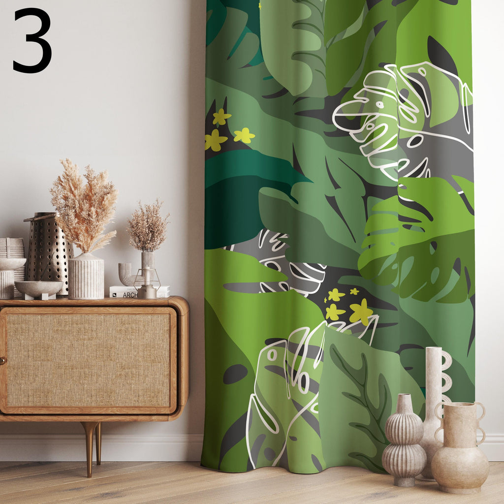 Tropical Jungle Curtains, Exotic Botanical Drapes, Vibrant Green Leaf Window Panels, Colorful Tropical Curtain Panels