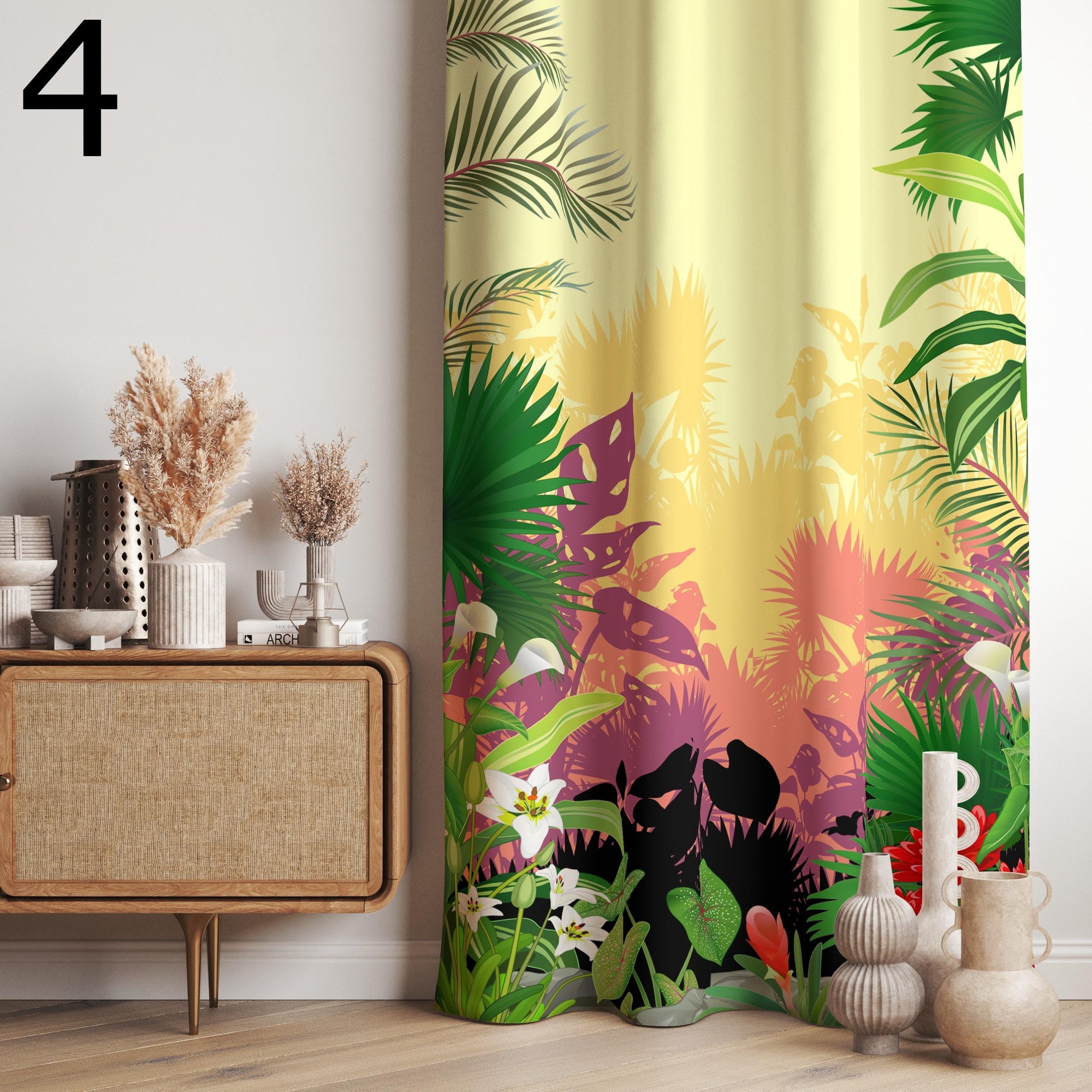 Tropical Jungle Curtains, Exotic Botanical Drapes, Vibrant Green Leaf Window Panels, Colorful Tropical Curtain Panels
