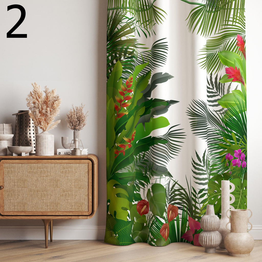 Tropical Jungle Curtains, Exotic Botanical Drapes, Vibrant Green Leaf Window Panels, Colorful Tropical Curtain Panels