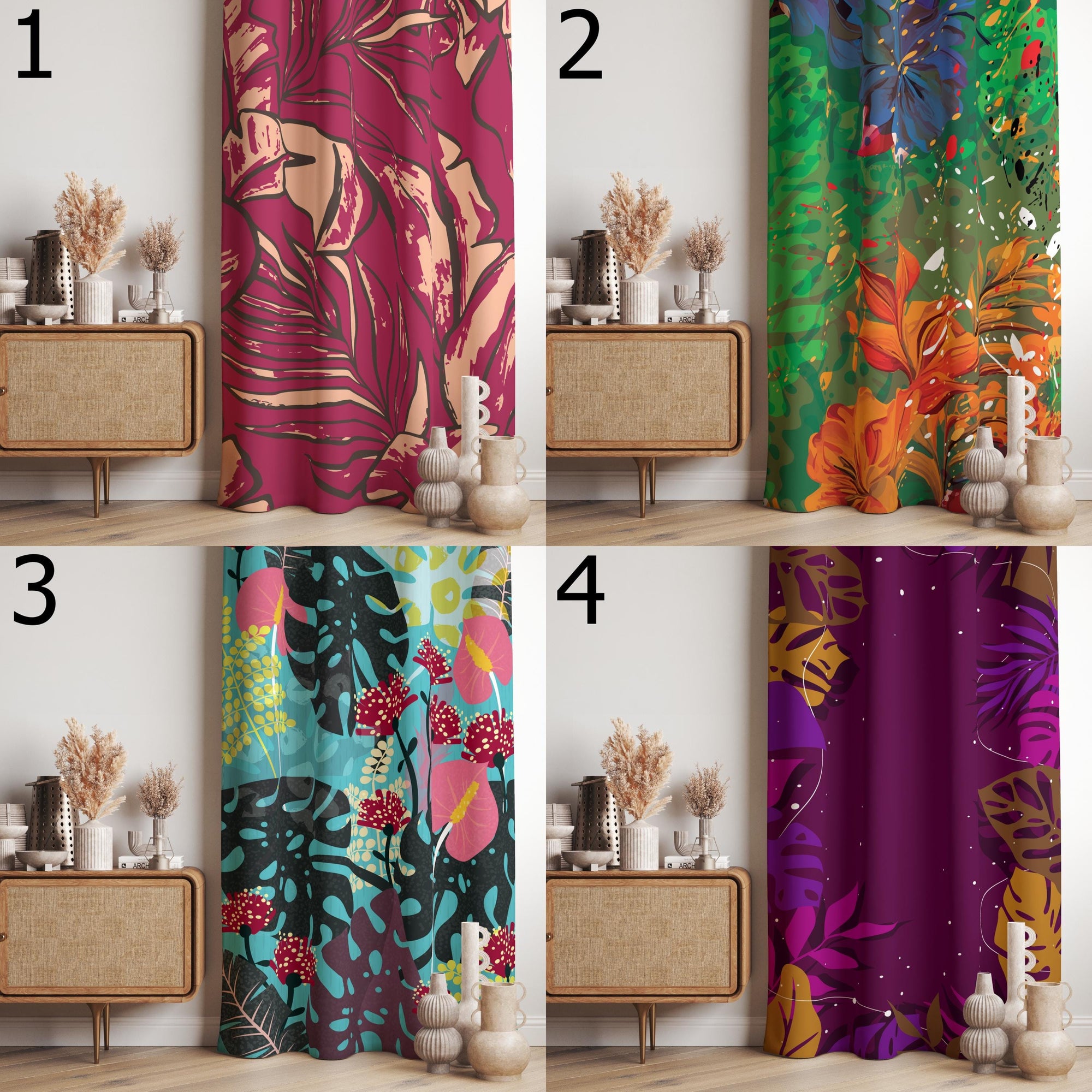 Colorful Tropical Curtains, Artistic Jungle Drapes, Vibrant Botanical Window Panels, Bold Exotic Leaf Curtains
