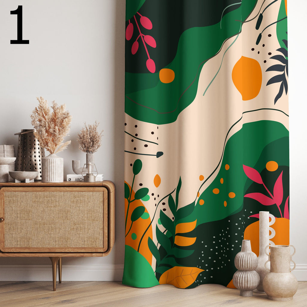 Tropical Leaves Print Curtain, Exotic Leaves and Flowers Curtain, Tropical Abstract Flowers Curtain Panels, Tropical Plants Printed Curtain