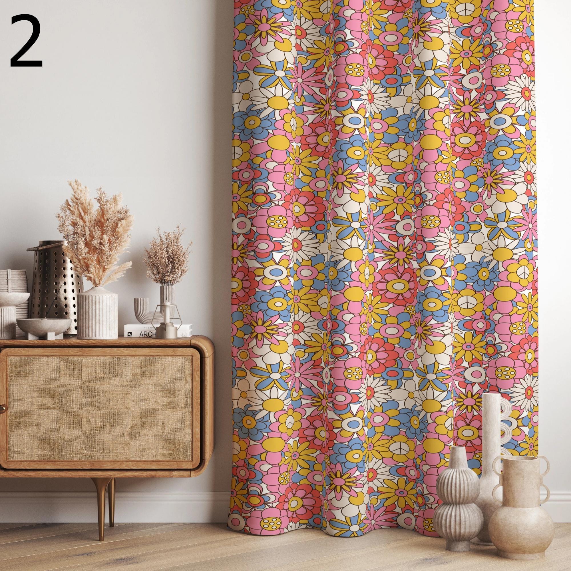 Retro Floral Panel Curtains, Vintage Floral Curtains, Retro Bloom Drapes, Botanical Charm Window Curtain Panels, Boho Chic Floral Curtains