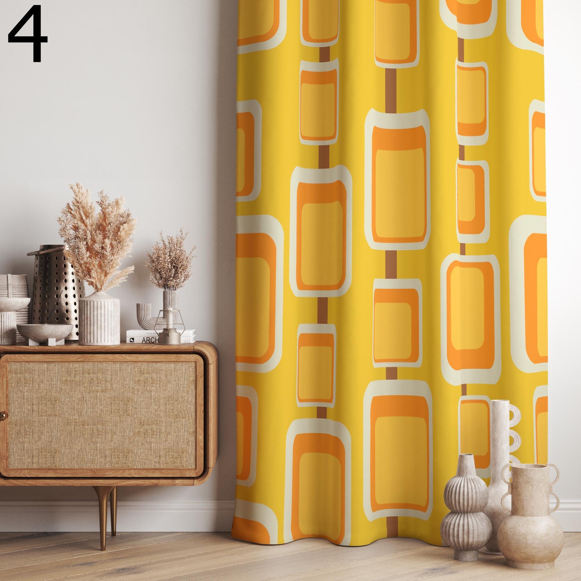 Modern Vintage Yellow Floral Curtain, Yellow Floral Curtain, Floral Grommet Mid Century Printed Curtains, Country Chic Flowers Drapes