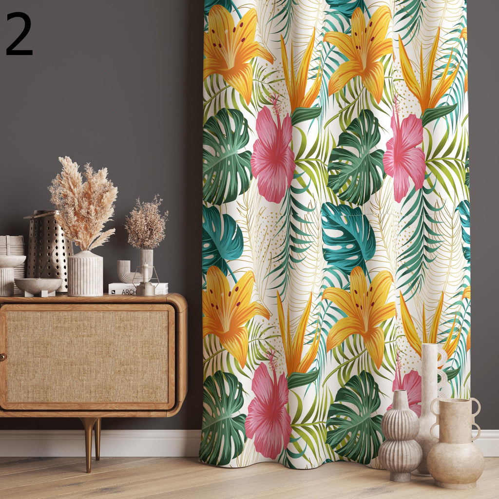 Tropical Leaves Printed Curtain Panels, Vintage Green Leaves Window Curtain, Botanical Printed Curtain, Boho Green Leaves Panel Curtain