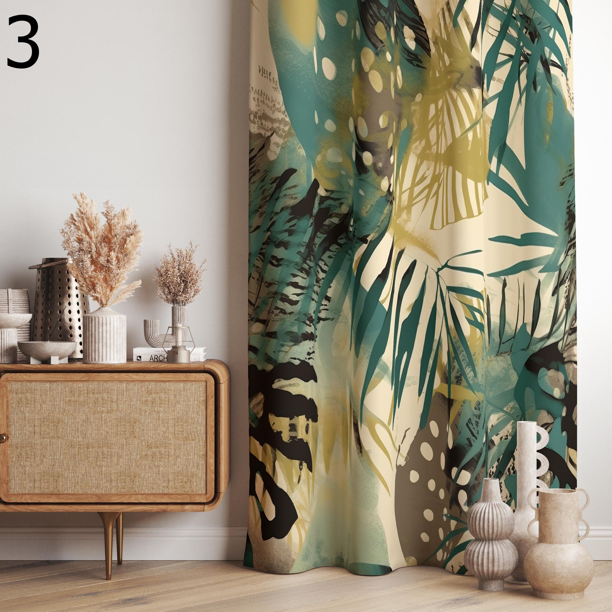 Tropical Leaves Printed Curtain Panels, Vintage Green Leaves Window Curtain, Botanical Printed Curtain, Boho Green Leaves Panel Curtain