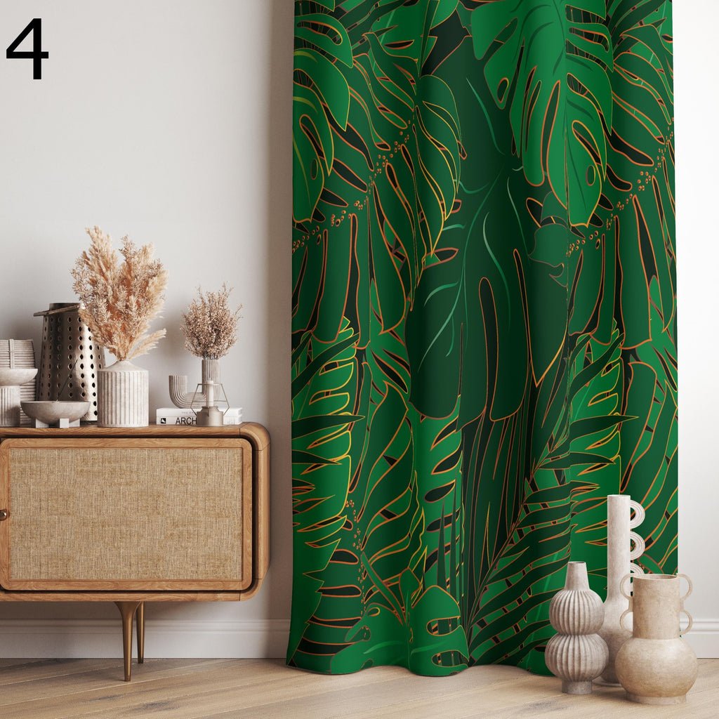 Tropical Leaves Printed Curtain Panels, Vintage Green Leaves Window Curtain, Botanical Printed Curtain, Boho Green Leaves Panel Curtain