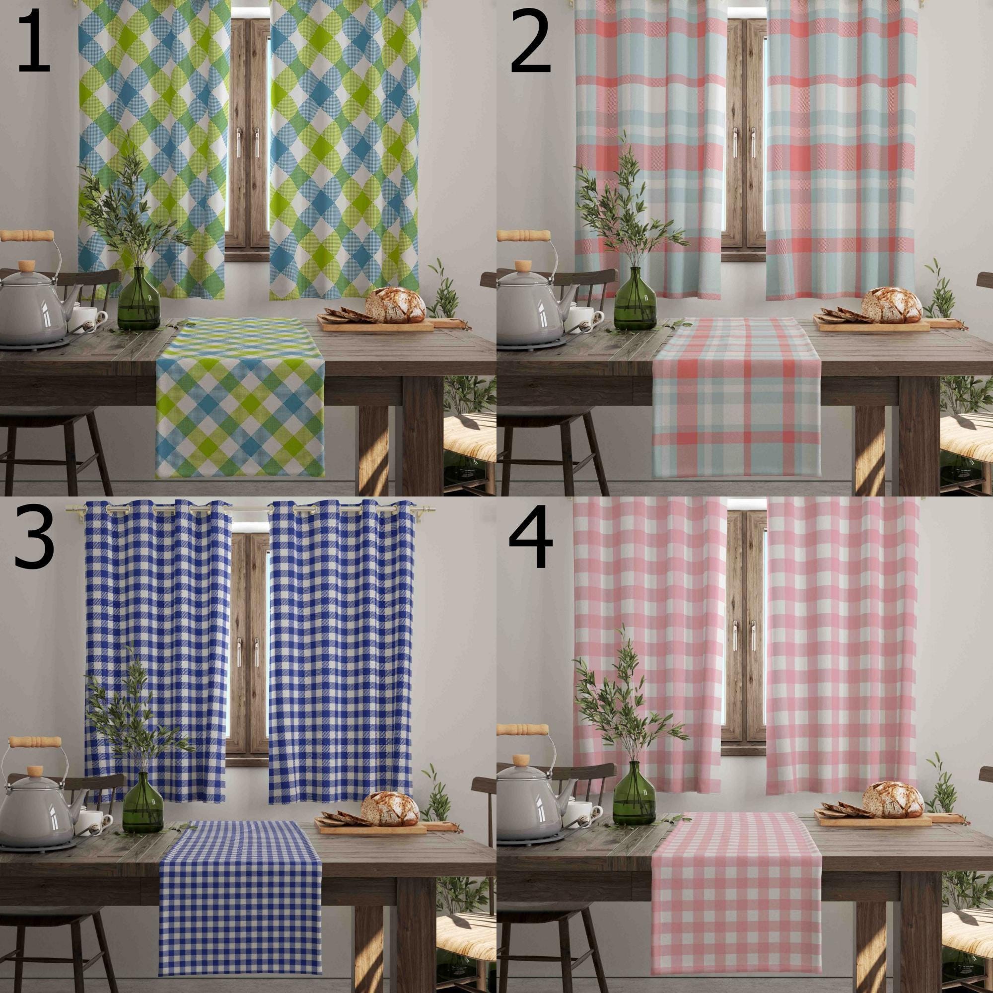 Blue Buffalo Plaid Kitchen Curtains, Kitchen Buffalo Check Curtains, Farmhouse Curtains Panel, Checked Kitchen Curtains, Printed Curtain