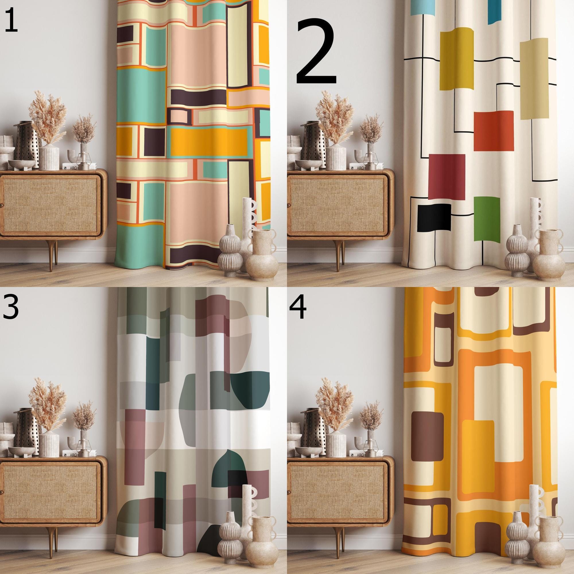 70s Retro Geometric Abstract Curtains, Mid Century Bauhaus Style Curtain Panels, Retro Blackout Curtain, Retro Bauhaus Grommet Print Drapes