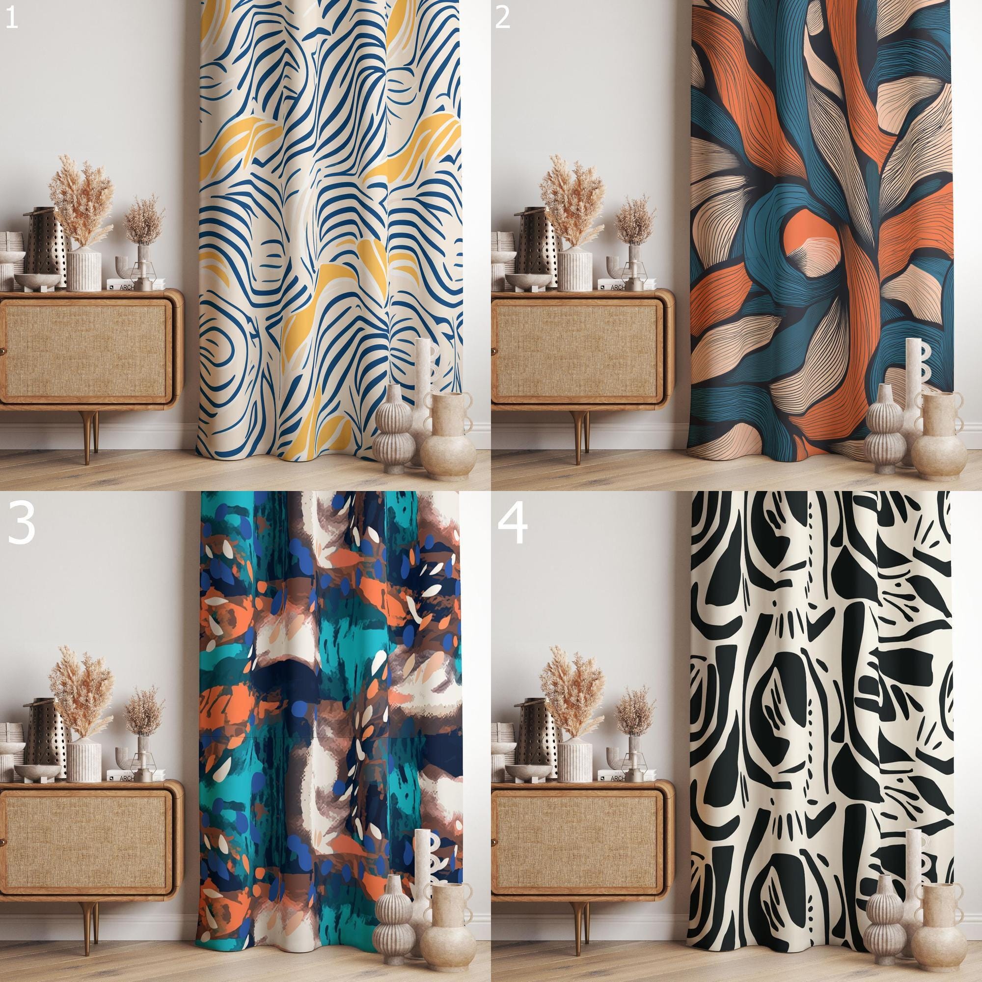Modern Abstract Art Print Curtains, Boho Abstract Grommet Curtain, Colorful Abstract Panels, Modern Bohemian Blackout Curtain
