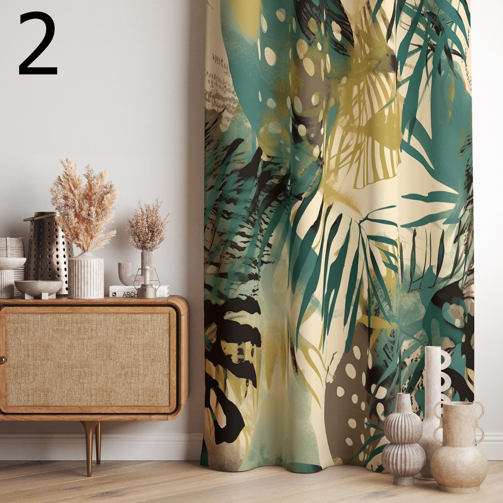 Tropical Abstract Curtains, Botanical Leaves Curtain Panels, Modern Vintage Tropical Curtains, Exotic Leaves Digital Printed Curtain Panels
