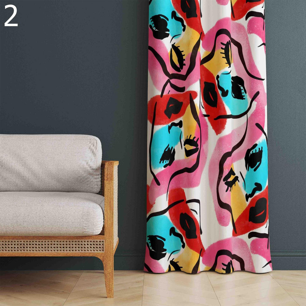 Modern Abstract Curtains, Face Line Abstract Drawing Curtain, Colorful Modern Face Line Art Grommet Curtain, Contemporary Face Line Drapes
