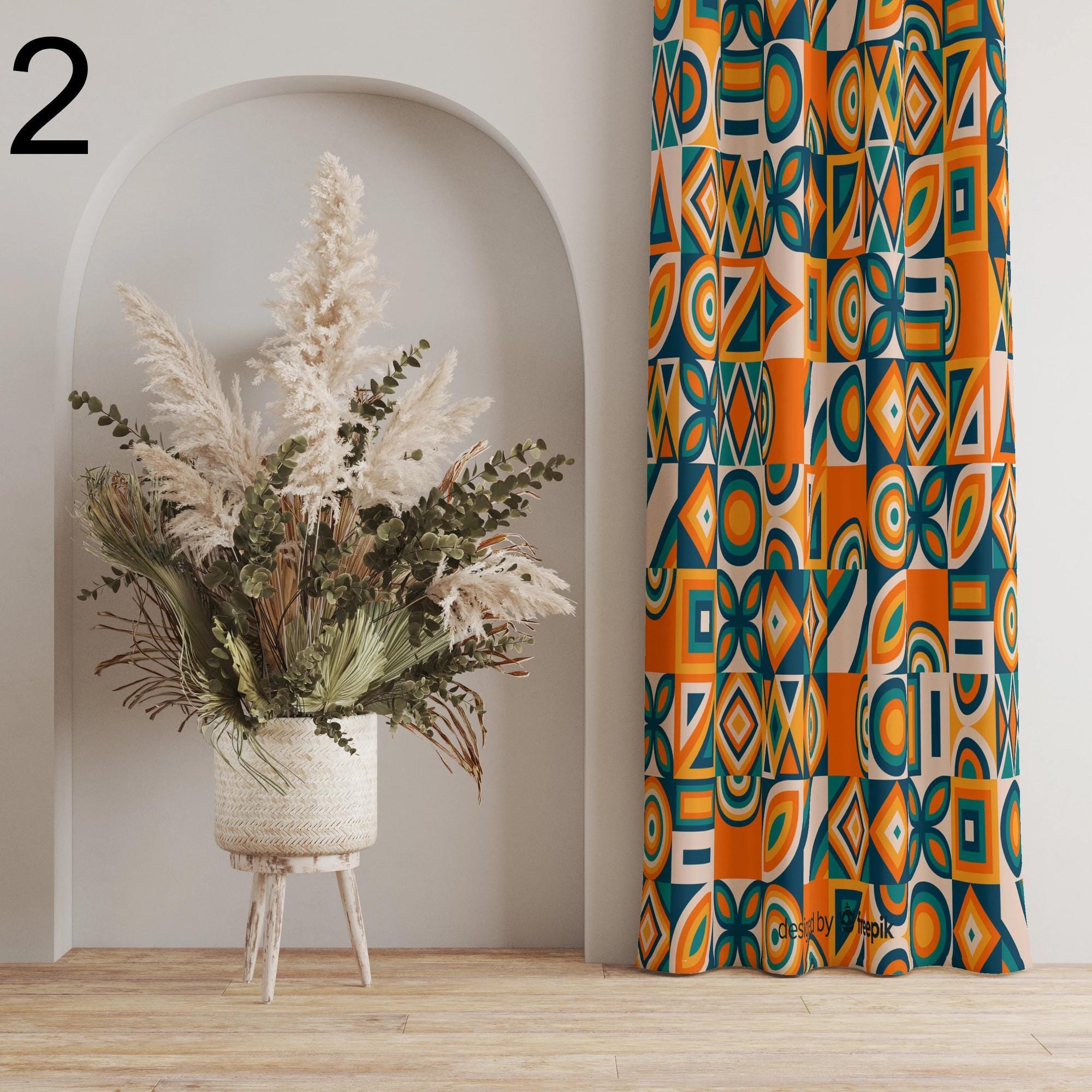 Mid Century Modern Curtain Panels, 70s Retro Boho Curtains, Retro WindowDrapes, Abstract Retro Style Living Room Curtain, 80s Boho Curtains