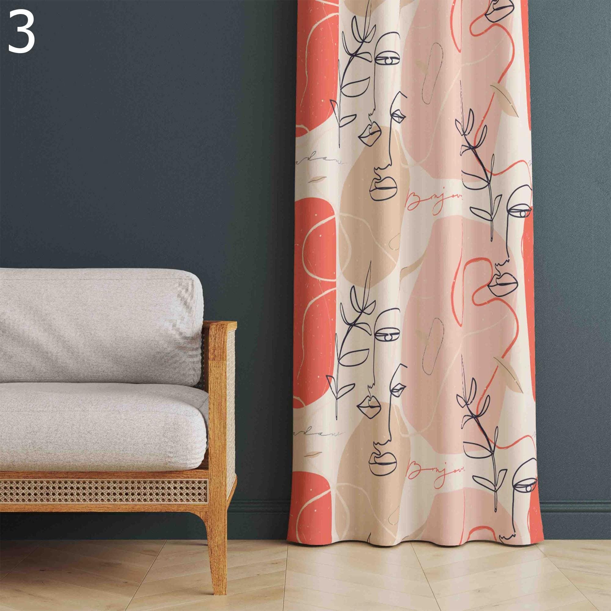 Modern Abstract Curtains, Face Line Abstract Drawing Curtain, Colorful Modern Face Line Art Grommet Curtain, Contemporary Face Line Drapes