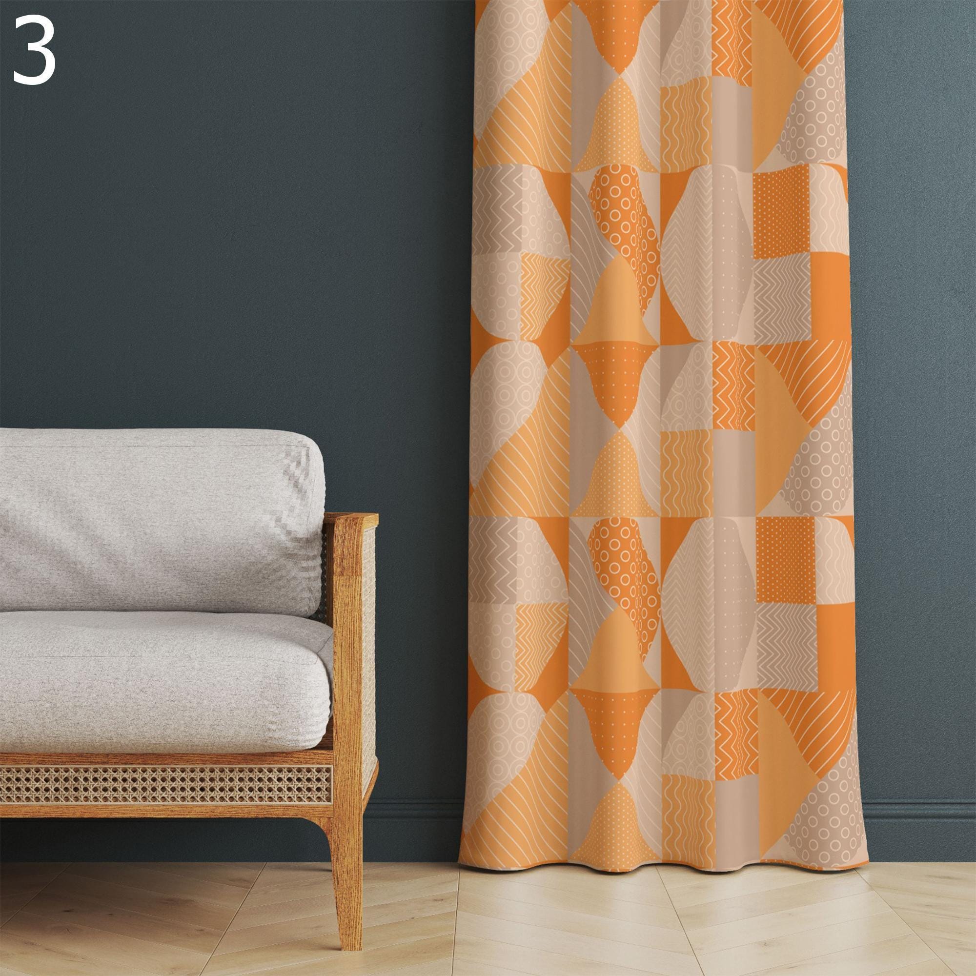 Retro Curtains, Retro Abstract Curtain Panel, Golden Orange 1970s Curtain, Mid-Century Art Style Curtain, Geometric Printed Curtain
