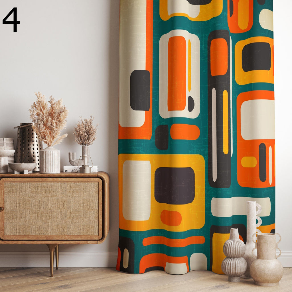 Retro Curtains, Mid Century Style Curtain, 70s Retro Window Curtains, Geometric Retro Abstract Curtains, Mcm Abstract Printed Curtain