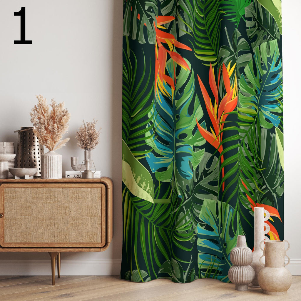 Tropical Abstract Curtains, Botanical Leaves Curtain Panels, Modern Vintage Tropical Curtains, Exotic Leaves Digital Printed Curtain Panels