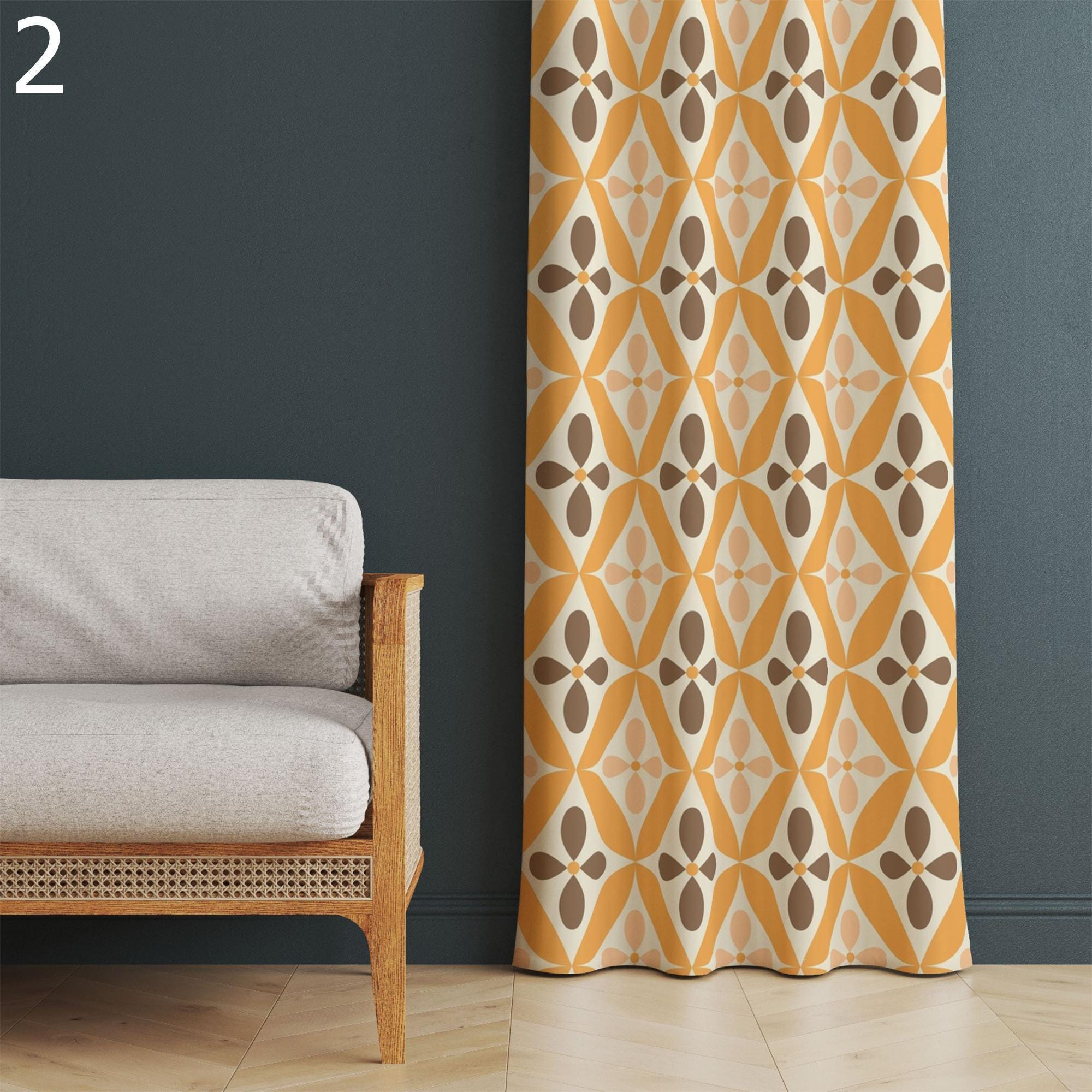 Mid Century Modern Curtains, Retro Geometric Drapes, 60s 70s Style Window Panels, Orange & Beige Abstract Curtain, Vintage Mod Decor Panels