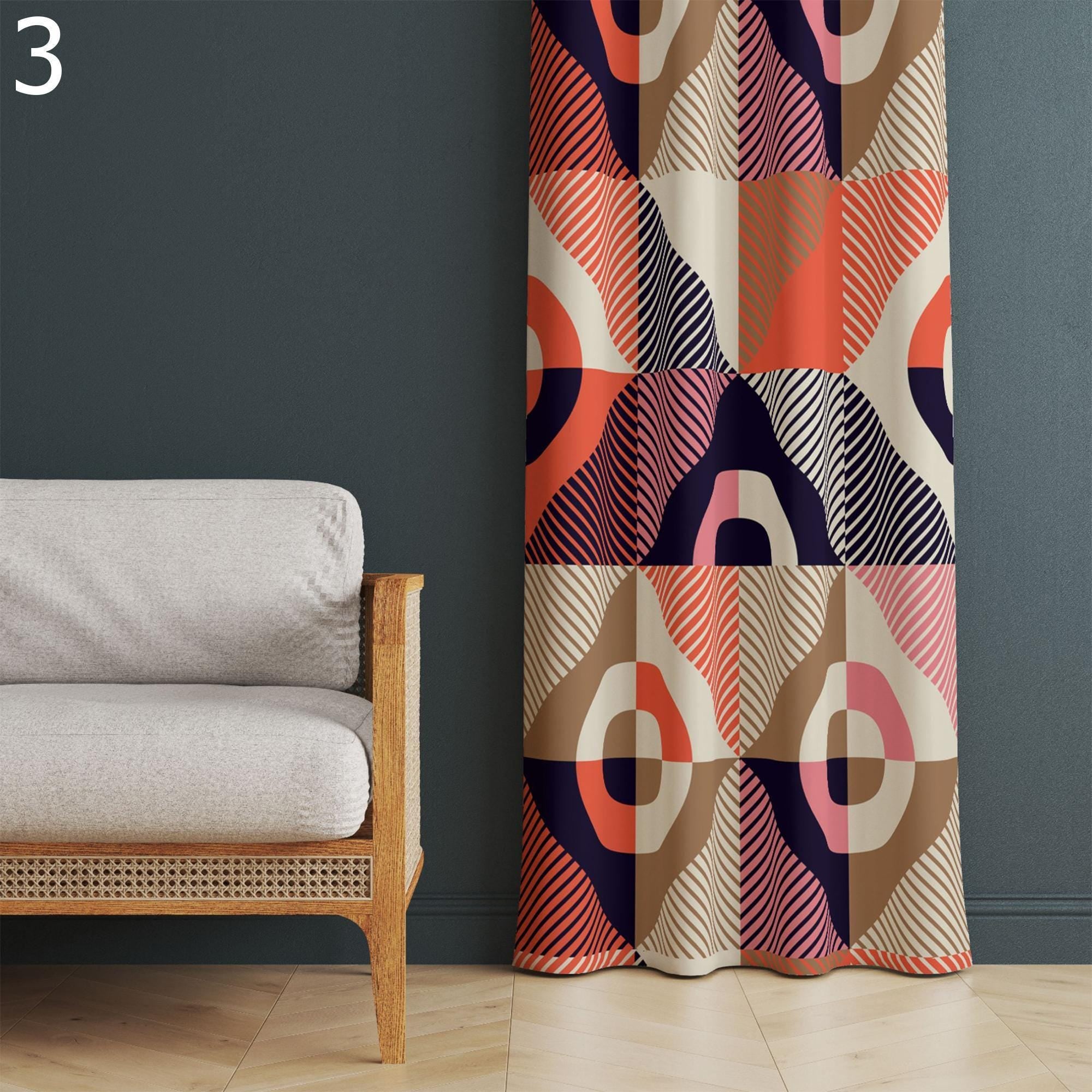 Modern Curtain Panels, Emerald Boho Abstract Curtains, Emerald Printed Curtains, Retro Style Living Room Drapes