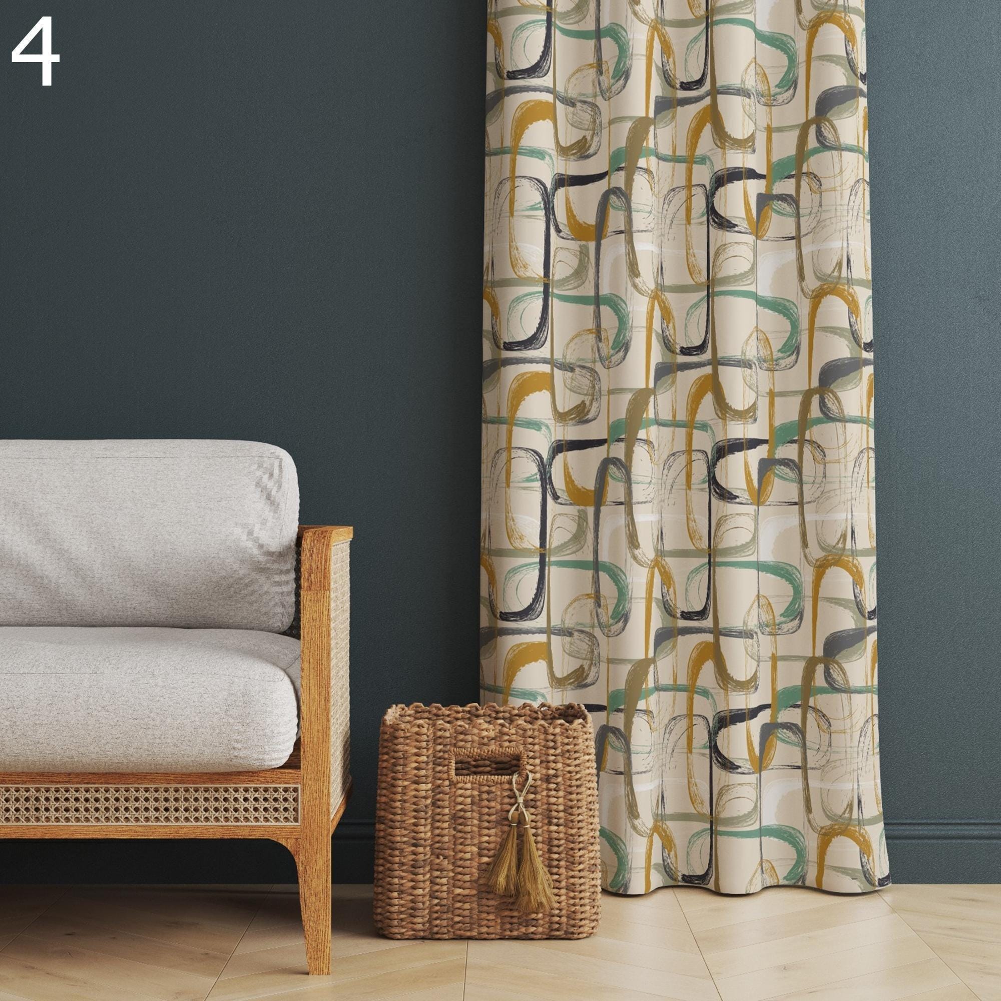 Mid Century Modern Curtains, Retro Geometric Drapes, 60s 70s Style Window Panels, Orange & Beige Abstract Curtain, Vintage Mod Decor Panels
