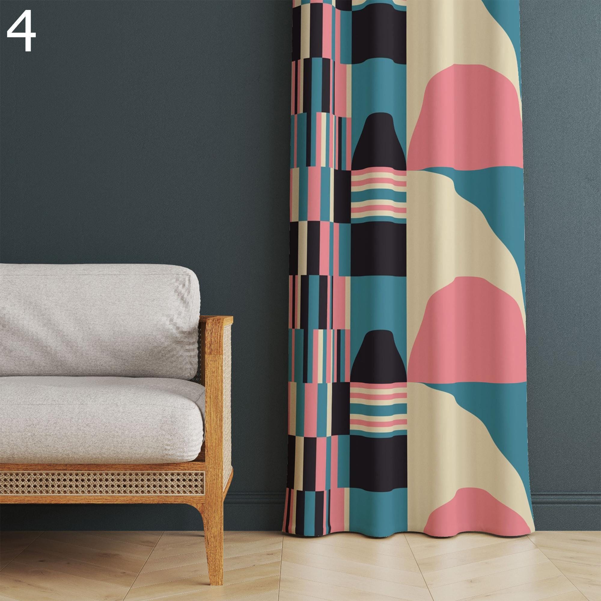 Modern Curtain Panels, Emerald Boho Abstract Curtains, Emerald Printed Curtains, Retro Style Living Room Drapes
