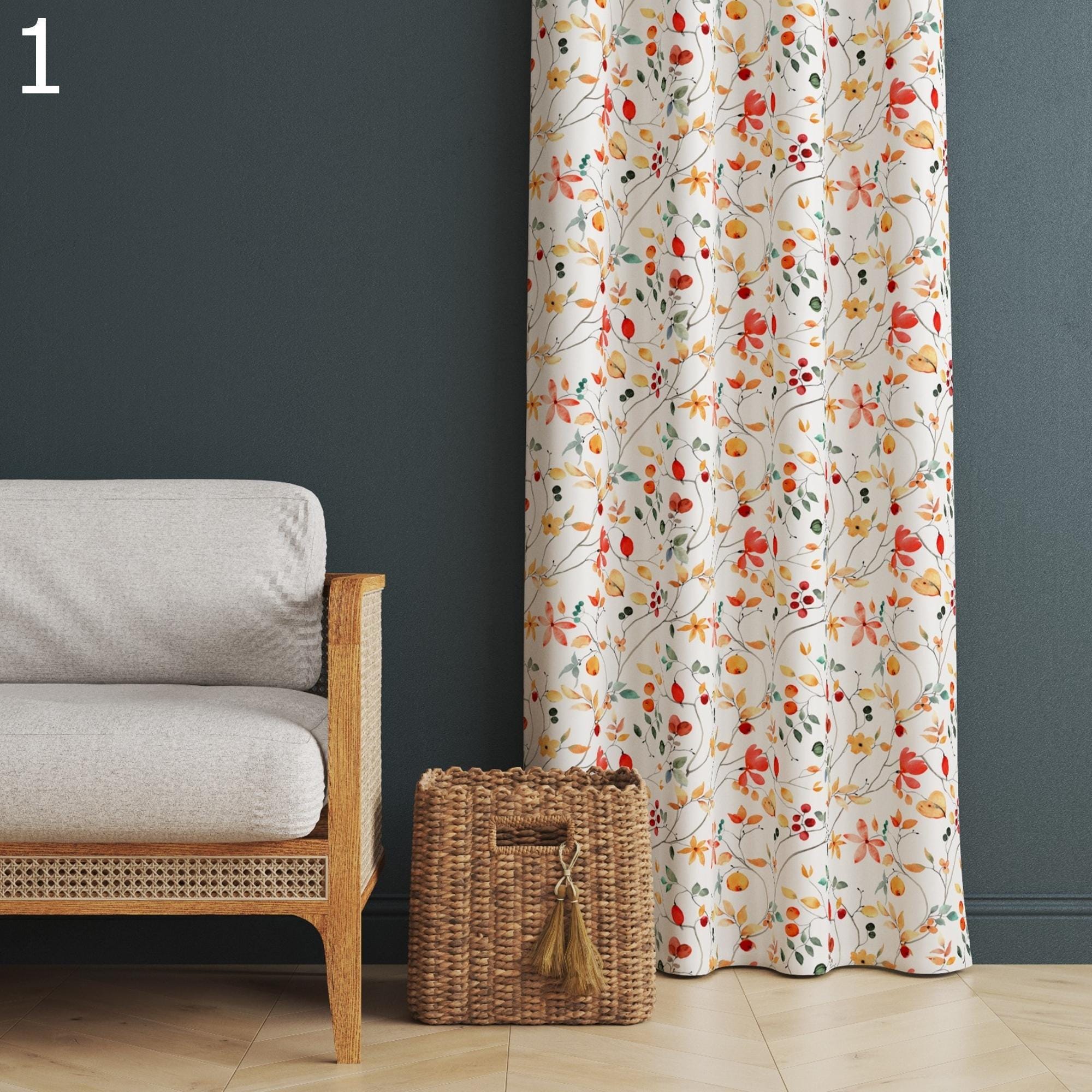 Farmhouse Floral Style Panel Curtains, Retro Floral Curtains, Wildflowers Living Room Curtains, Mid Century Floral Curtain Panels
