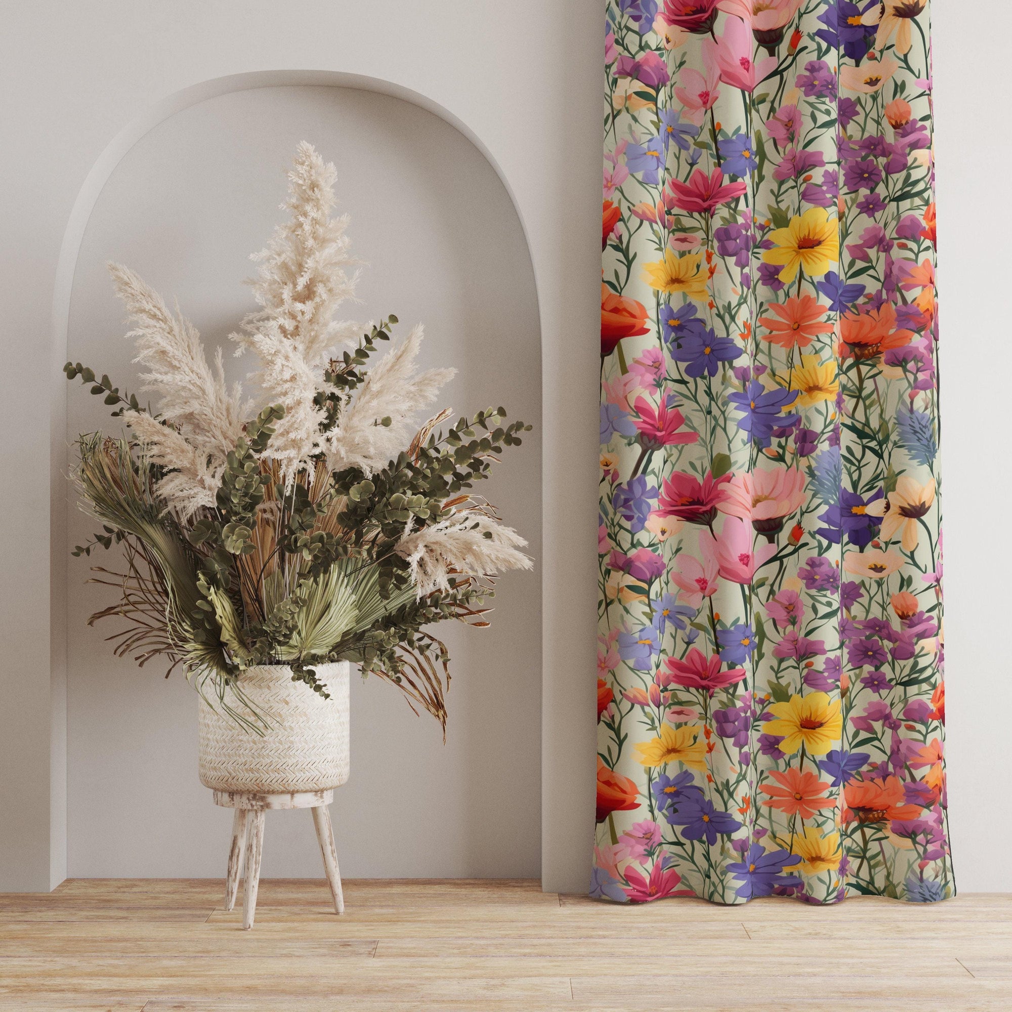 Floral Curtain Panels, Flowers Print Curtains, Vintage Retro Floral Curtain, Colorful Spring Floral Style Living Room Curtain