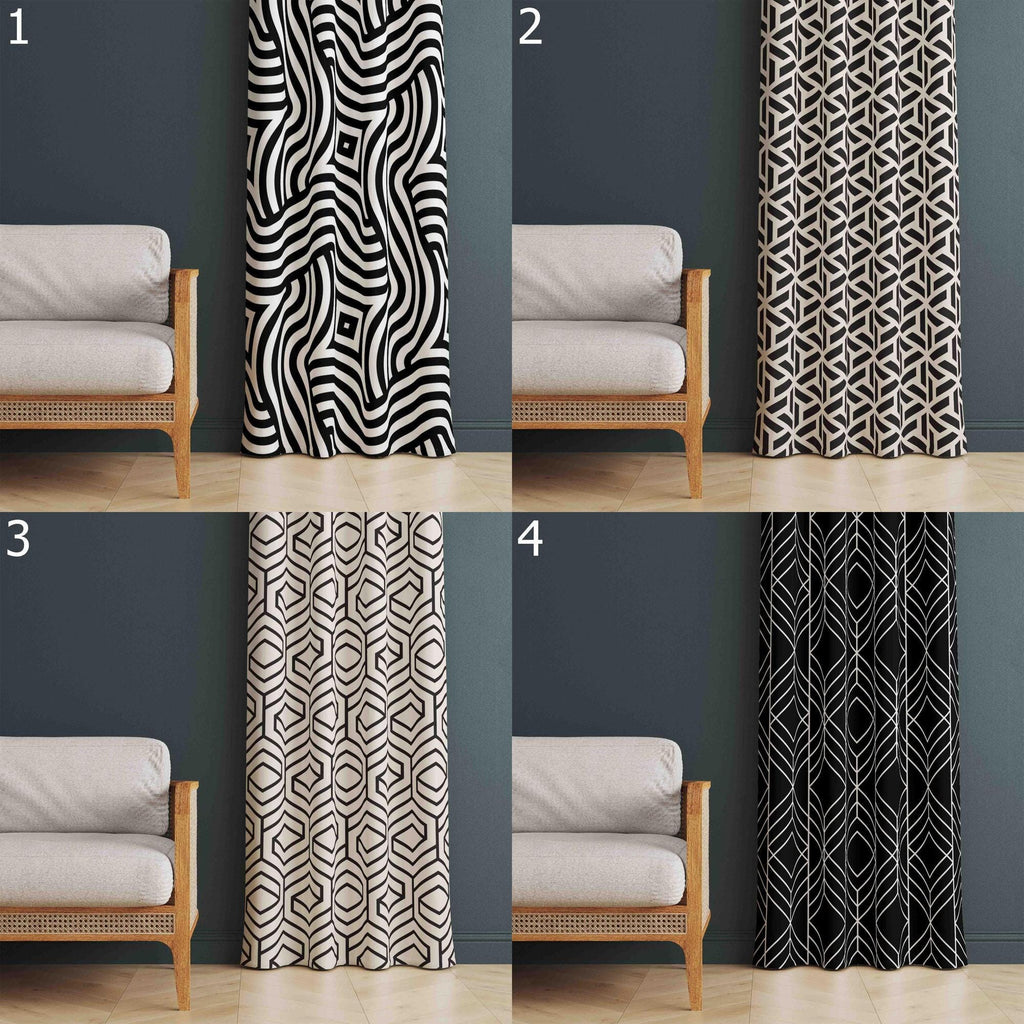 Black Curtain Panels, Retro Boho Curtains, Mcm Curtain, Abstract Retro Style Living Room Curtain, Mod Curtains